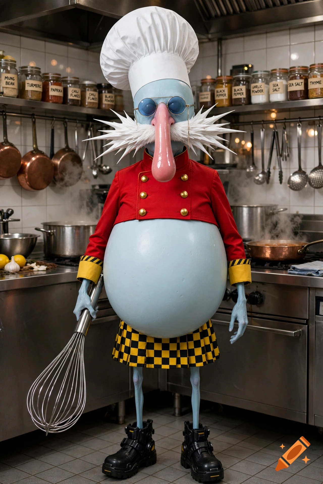 A whimsical blue creature dressed as a chef in a commercial kitchen holding a whisk.