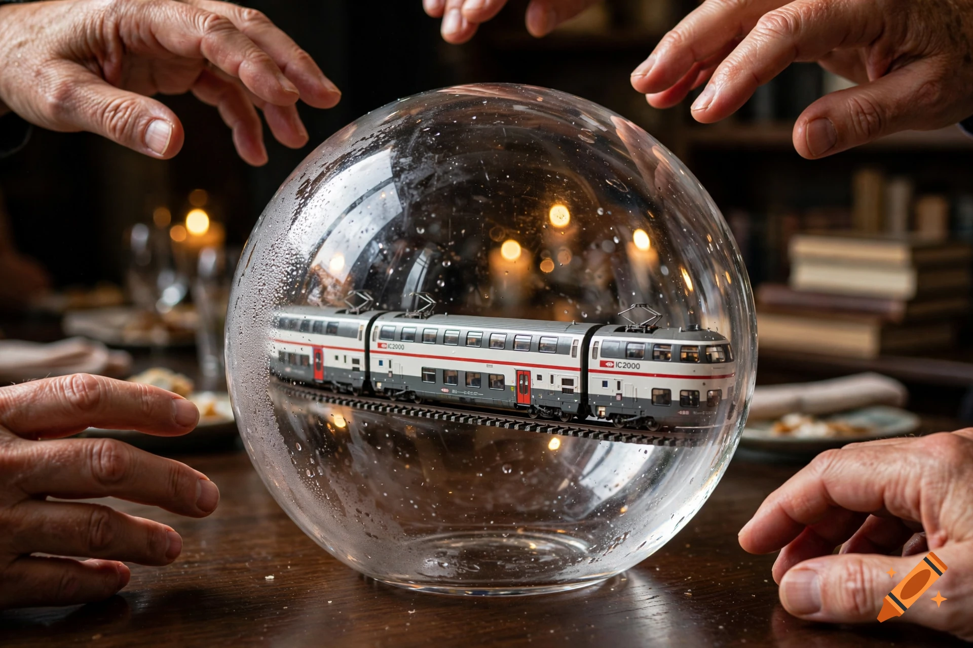 Photorealistic image of a model train inside a glowing glass crystal ball on a wooden table, with hands hovering above.