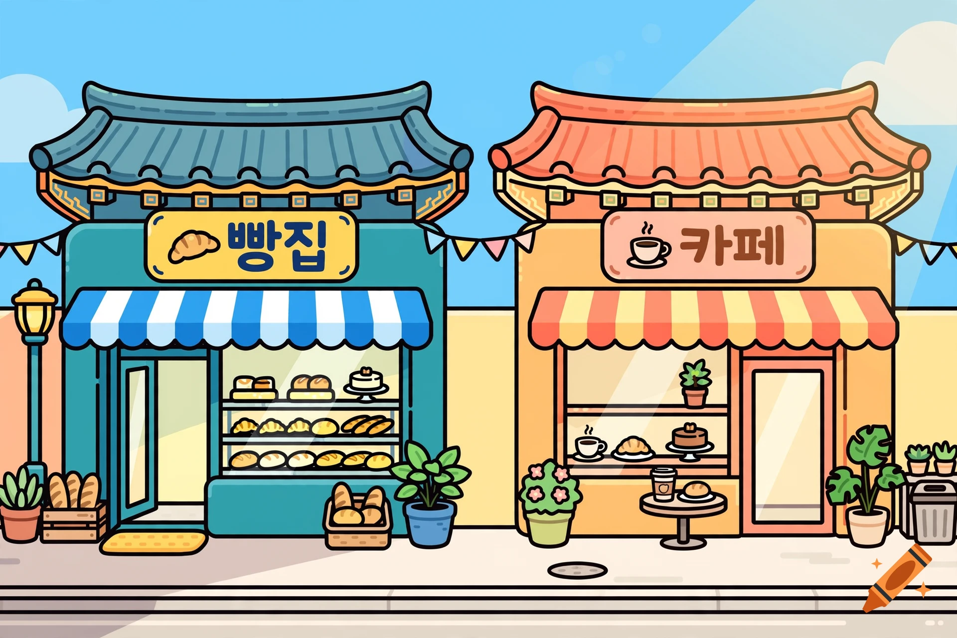 Colorful 2D cartoon illustration of two Korean storefronts, a bakery and a cafe, with traditional tile roofs under a bright blue sky.