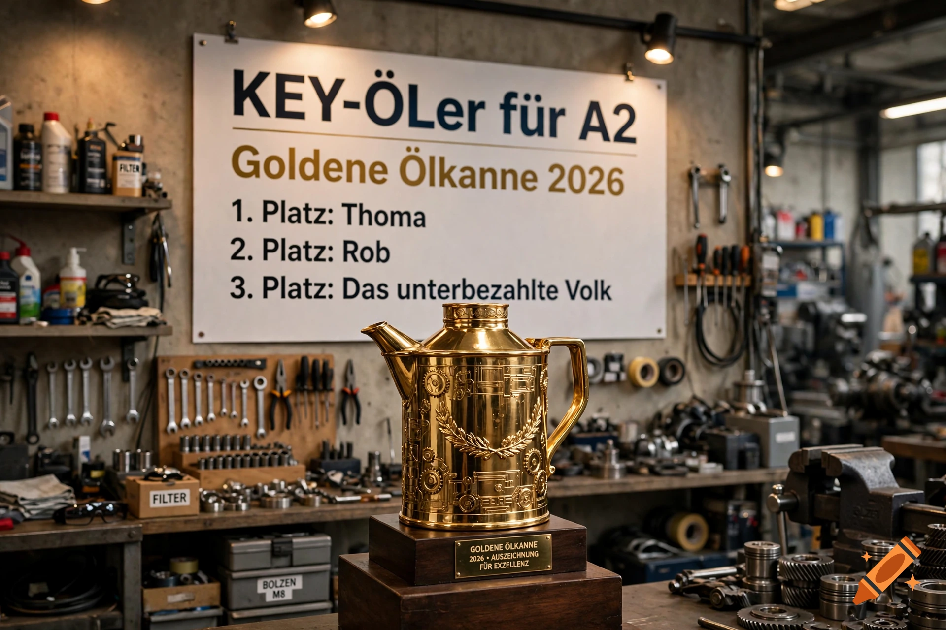 Photorealistic workshop background featuring a golden oil can trophy on a wooden base in the foreground, with a sign on the wall.