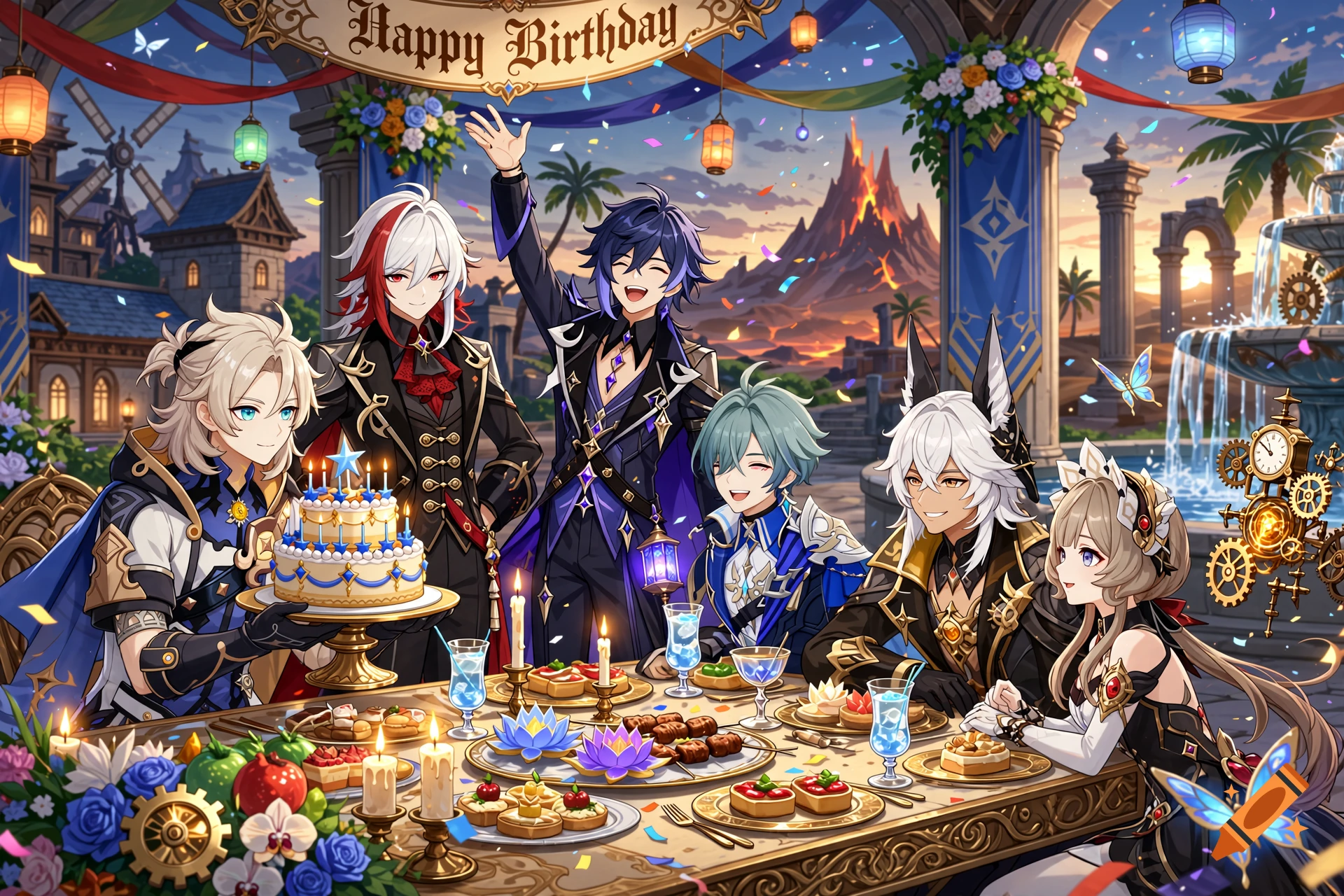 Anime style illustration of several characters celebrating a birthday with a cake, table filled with food, and a banner reading Happy Birthday.