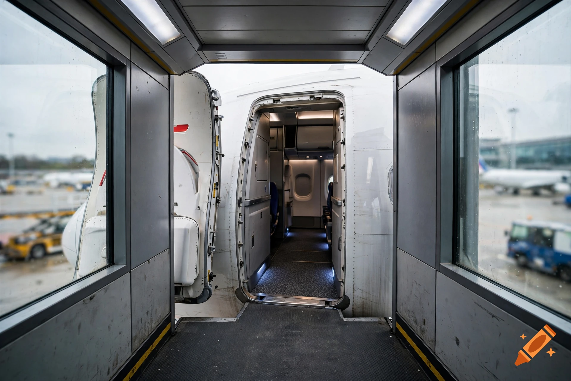 Photorealistic view from inside a jet bridge looking into the open door of an airplane cabin.