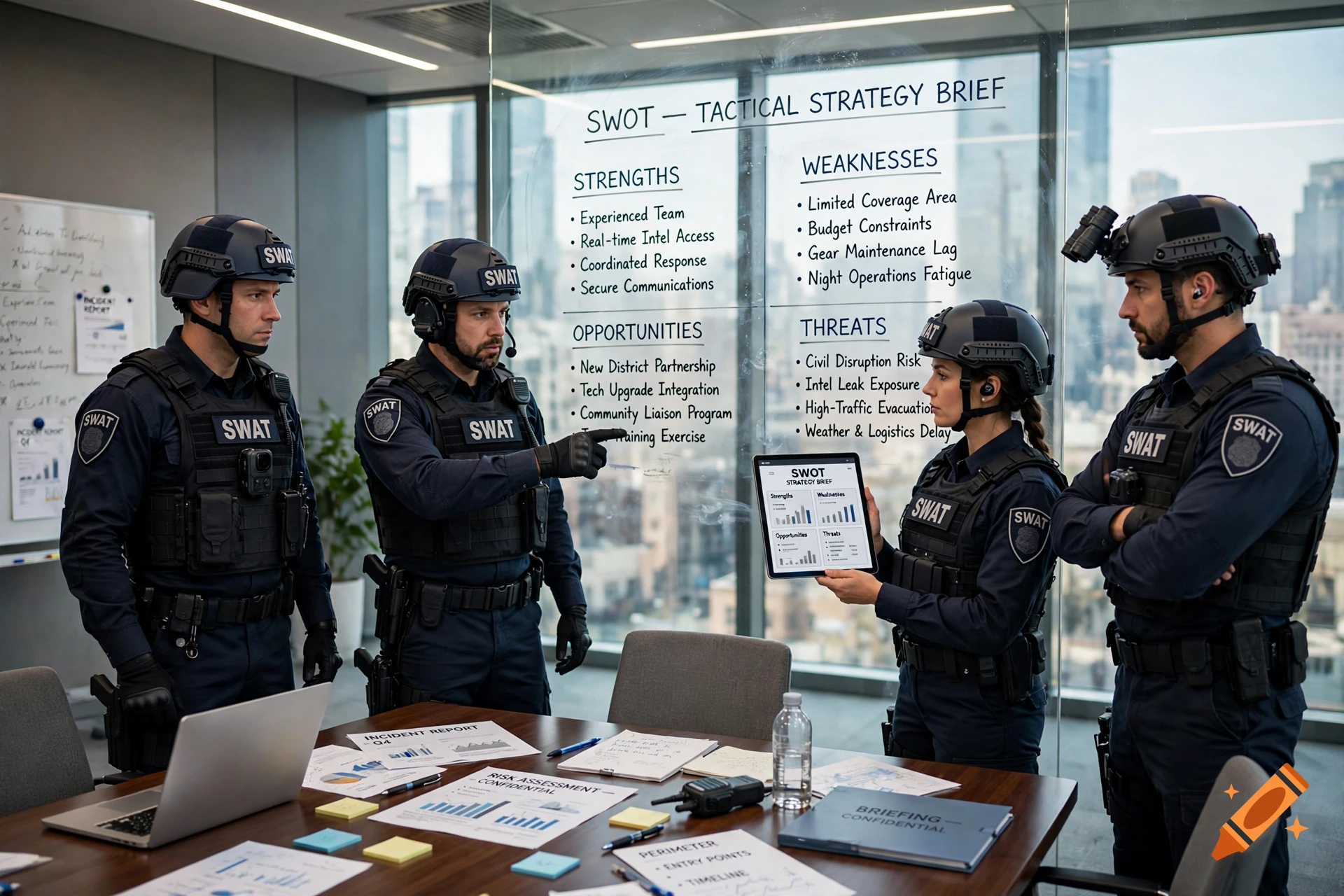 Photorealistic image of four SWAT officers in tactical gear standing around a conference table in an office, reviewing a SWOT tactical strategy brief on a glass wall and tablet.