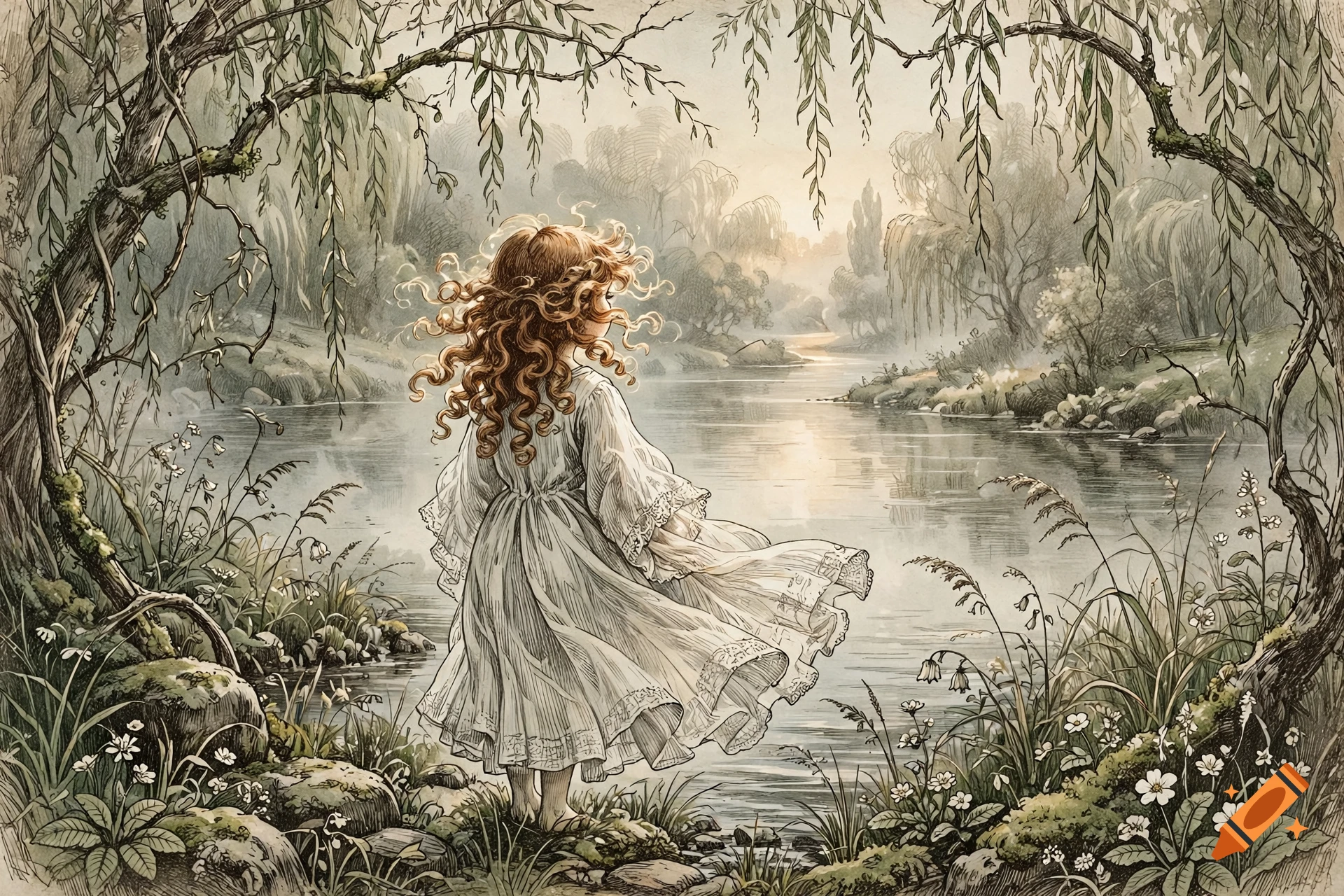 An Arthur Rackham-style illustration of a curly-haired girl in a white dress standing by a river.