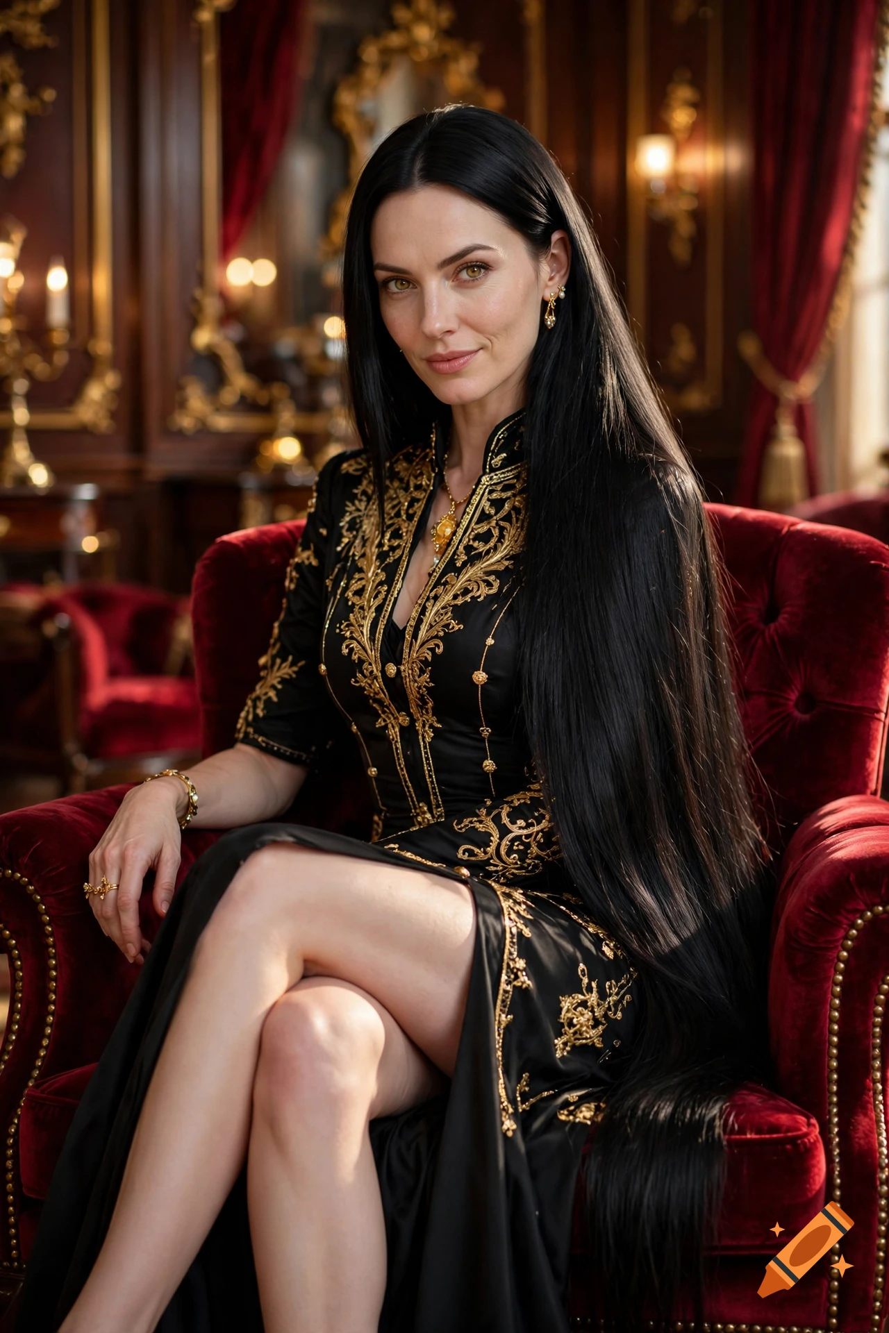 Photorealistic portrait of a confident woman with long black hair, wearing a black and gold dress, sitting in a red armchair.