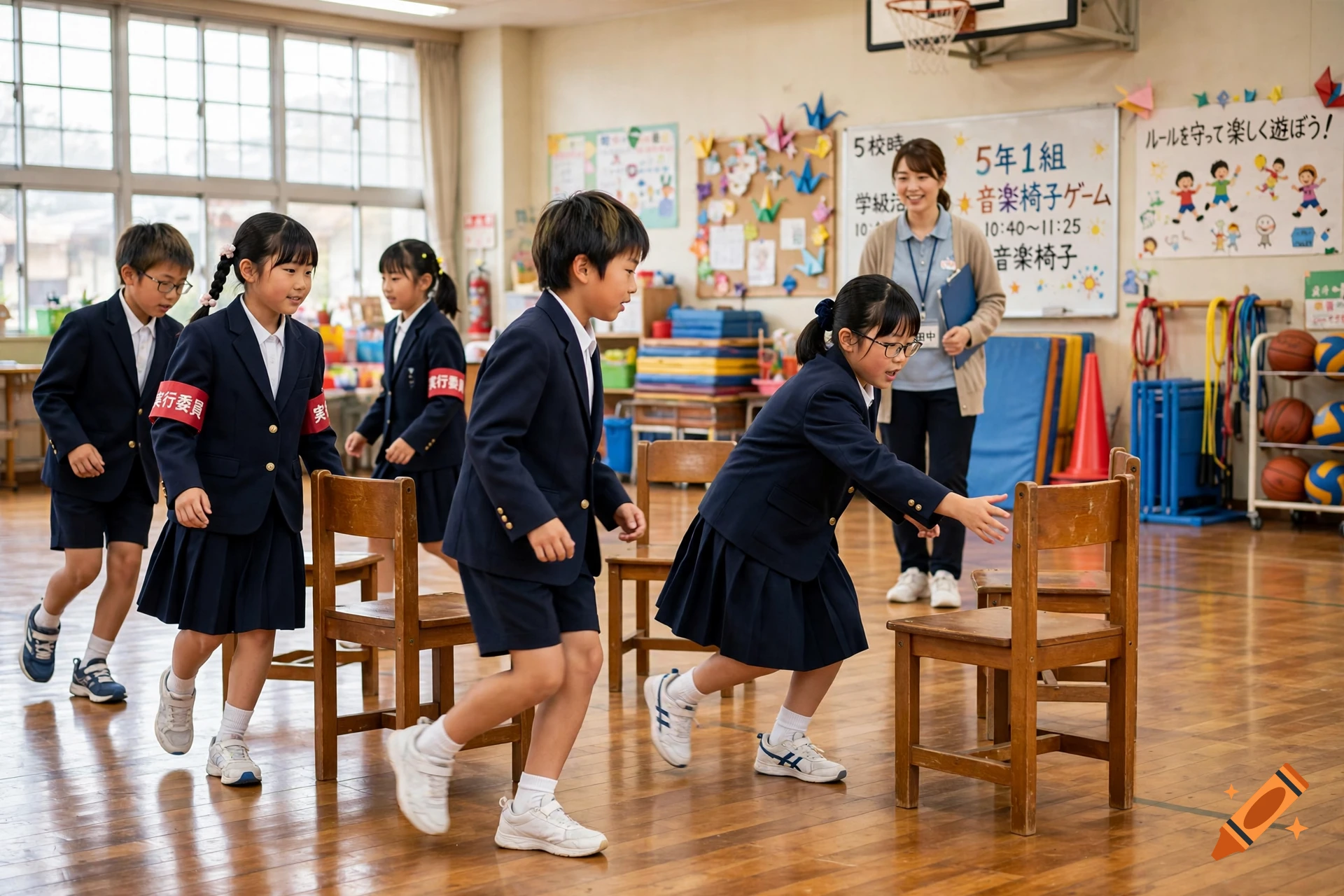 Primary school students playing musical chairs in a classroom with a teacher supervising, photorealistic.