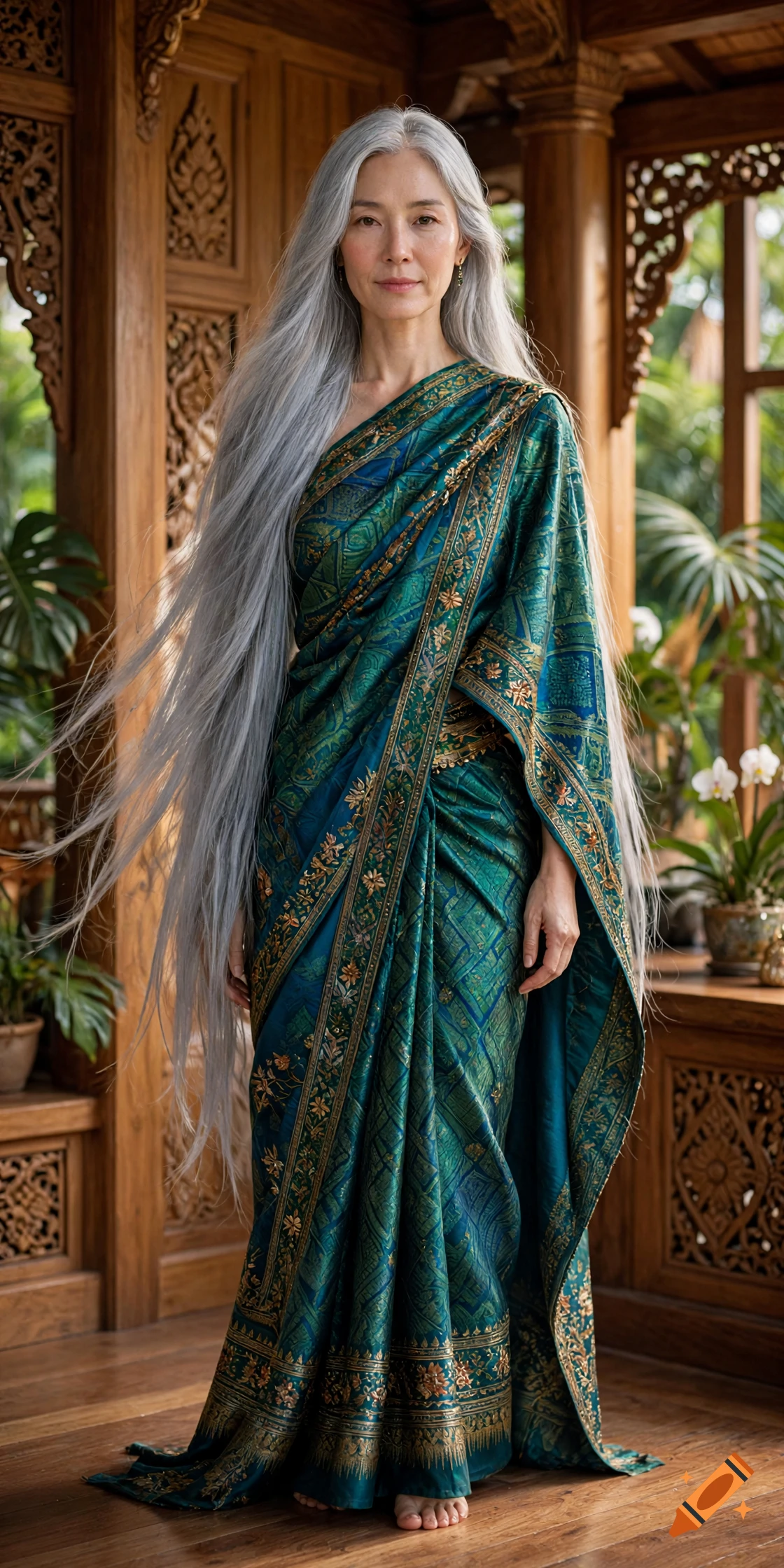Photorealistic portrait of a woman with long silver hair wearing a traditional green and gold Thai-style dress inside a wooden gazebo.