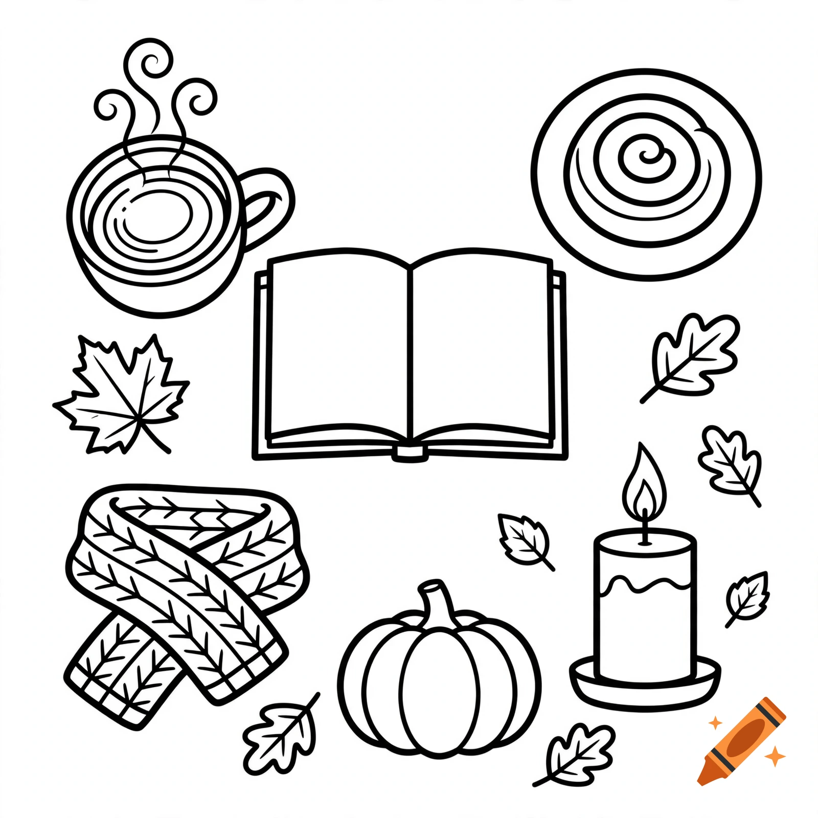 Black and white outline illustrations of autumn-themed items including a hot drink, open book, cinnamon roll, leaves, scarf, pumpkin, and a lit candle.