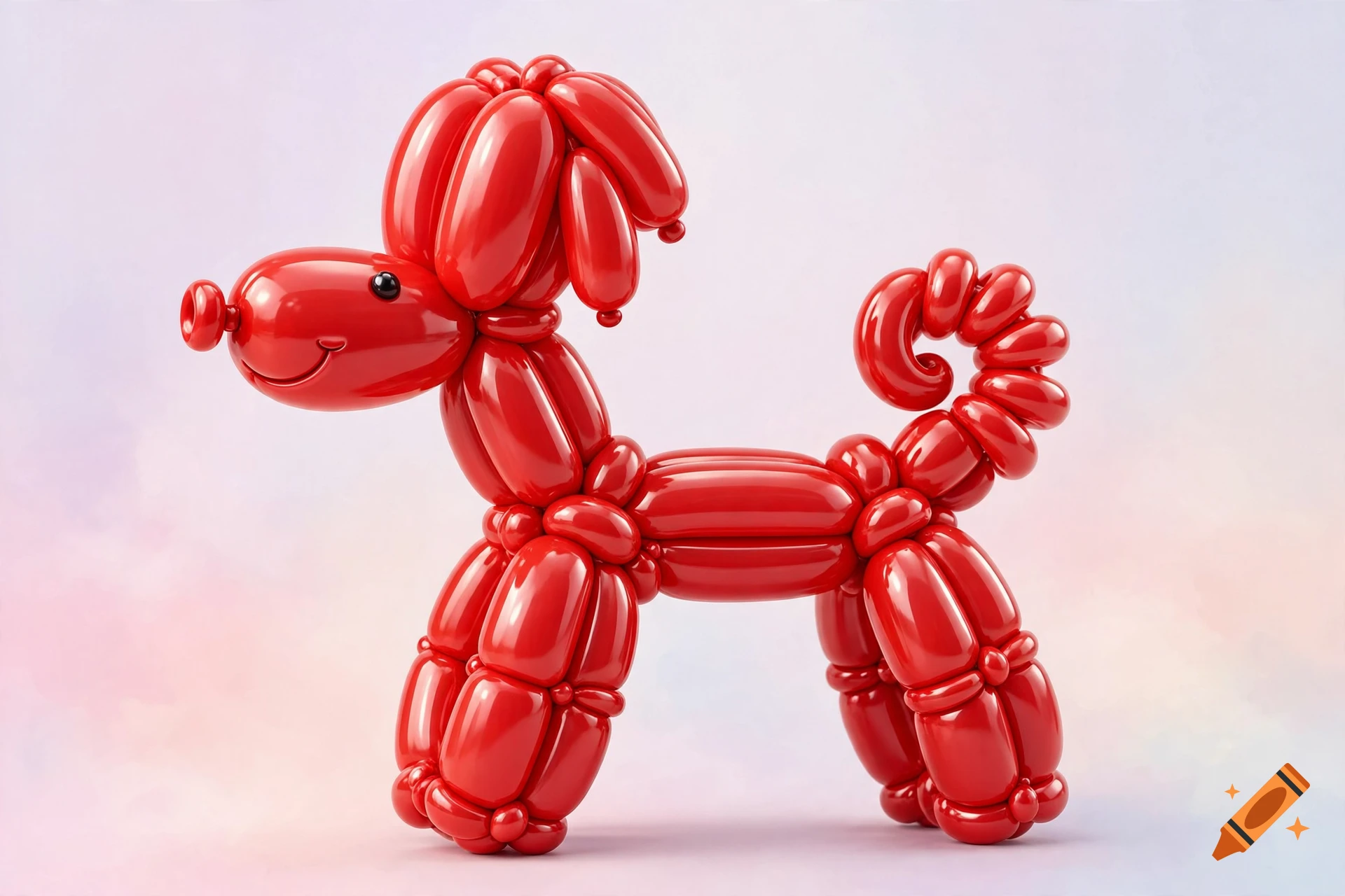A glossy red balloon animal shaped like a poodle, facing left against a soft gradient background.