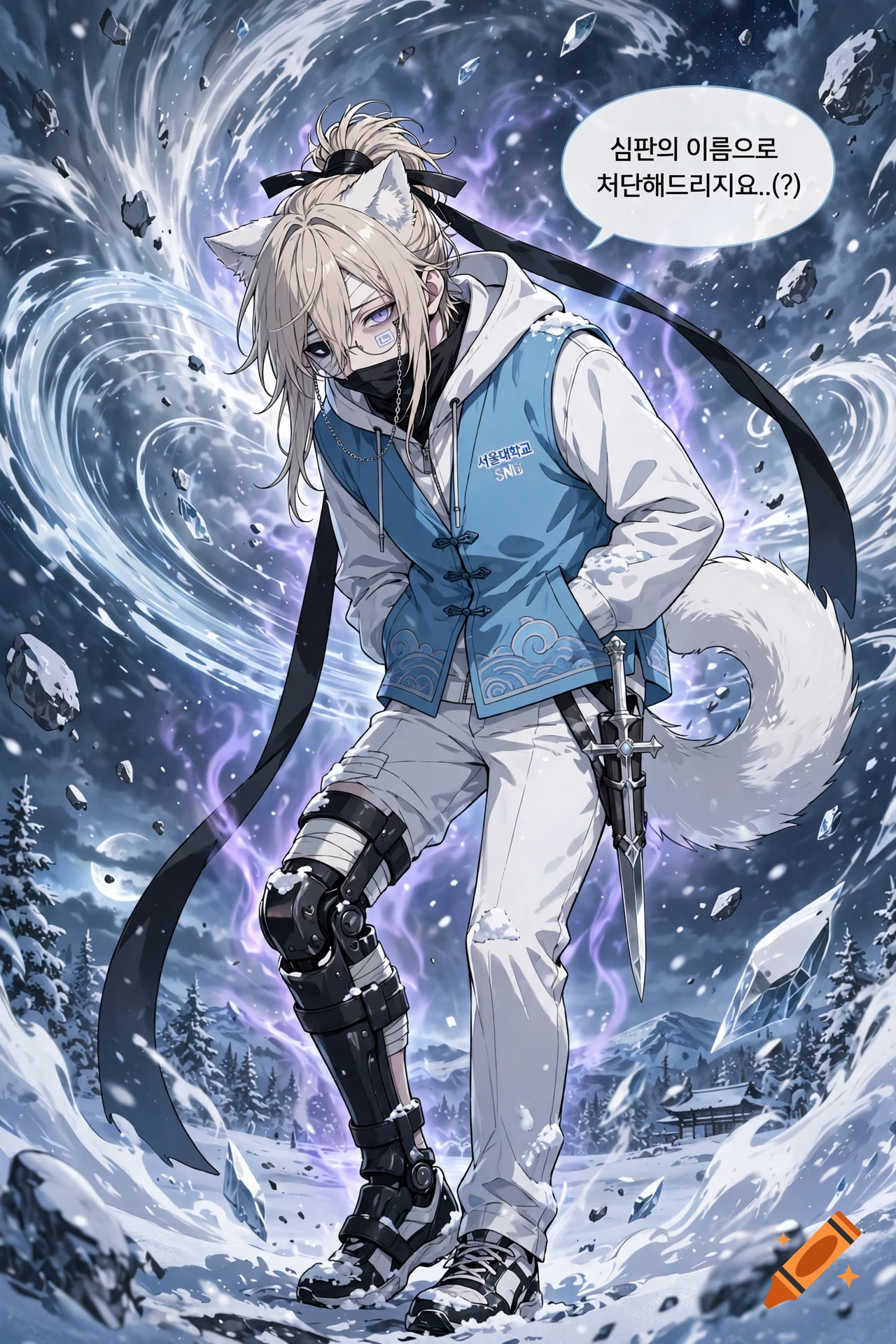 Anime style illustration of a young male cat-boy with white hair, blue vest, and a dagger in a snowy winter setting with swirling energy.