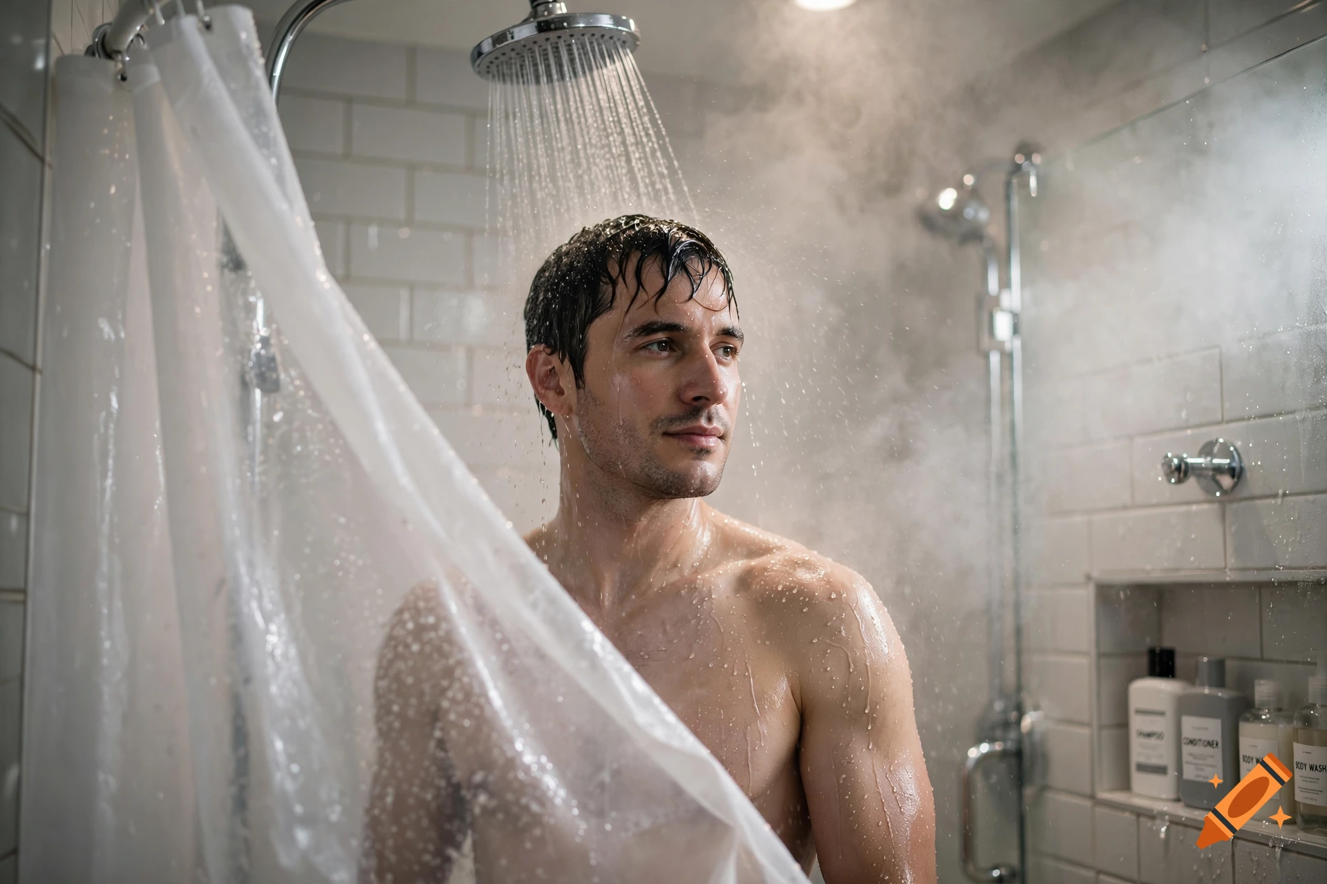 Photorealistic image of a wet man standing in a steamy shower with water cascading from the showerhead.