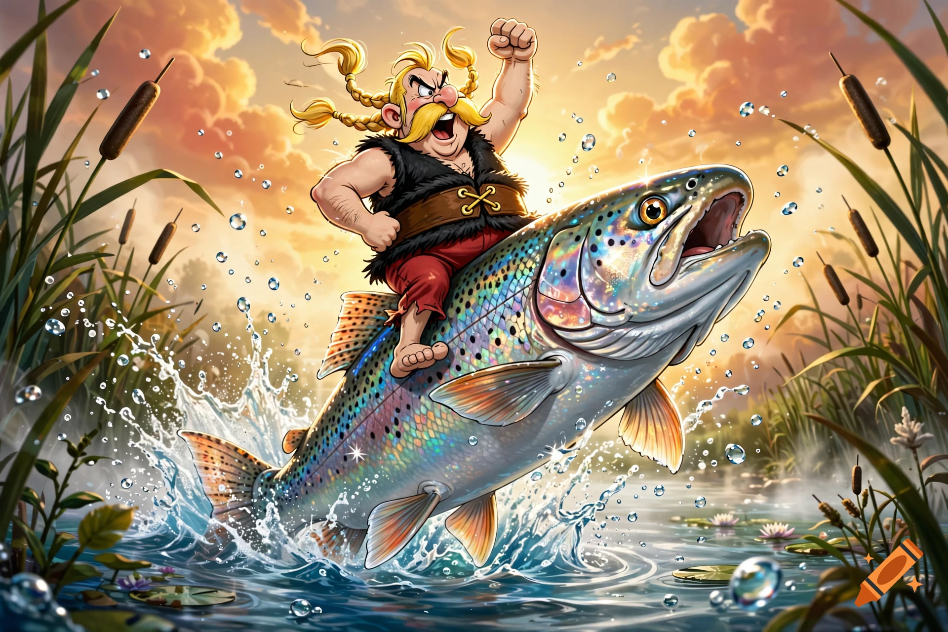 Digital cartoon illustration of a Viking warrior with blonde pigtails riding a giant jumping rainbow trout in a river at sunset.