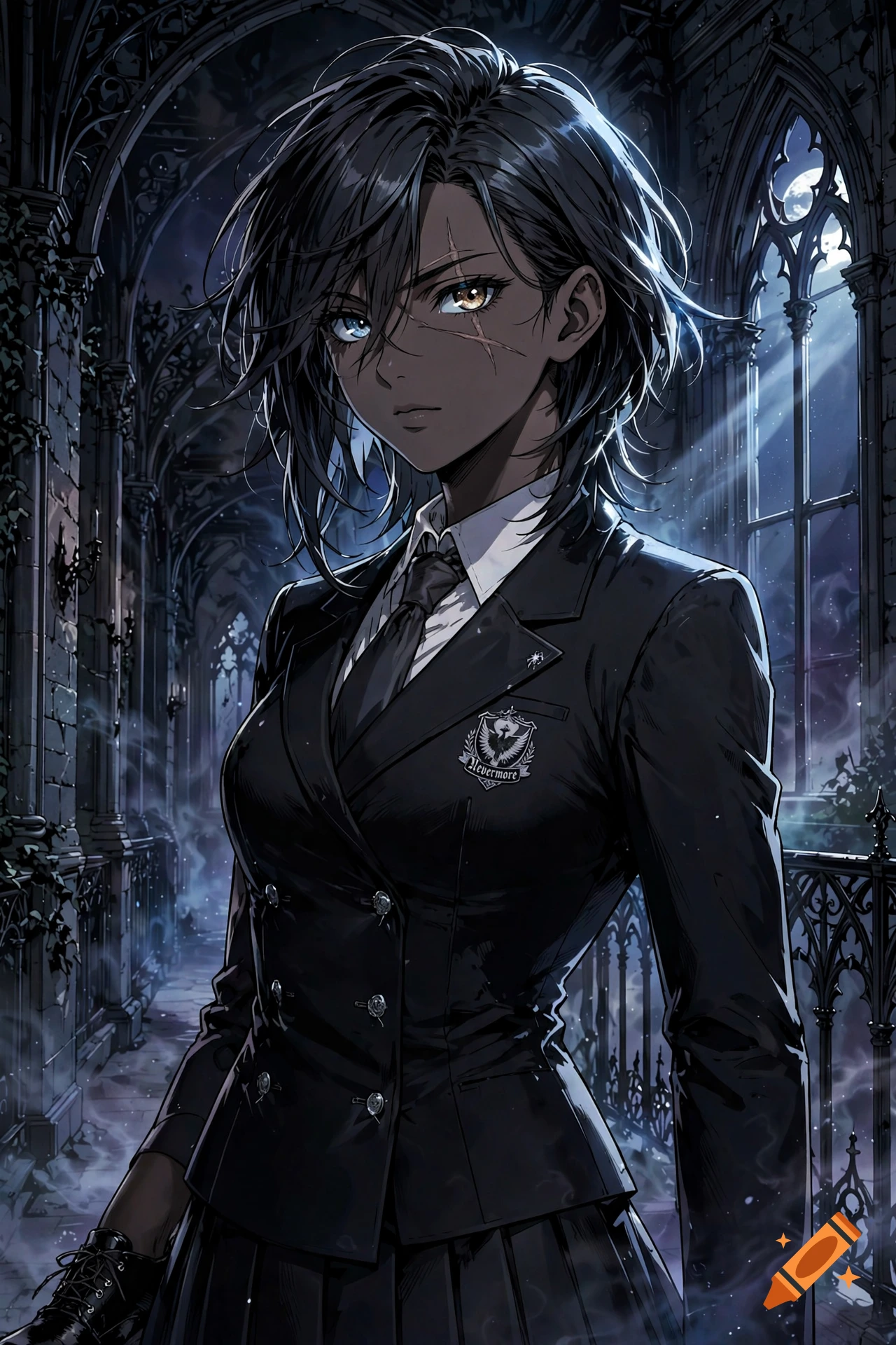 Manga style illustration of a dark-skinned female student with a scar over her left eye and heterochromia, wearing a black uniform.