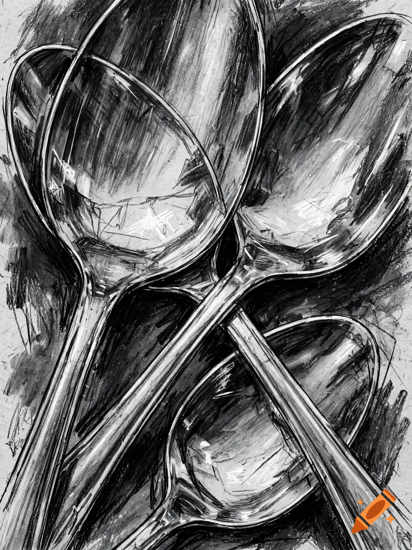 A black and white charcoal sketch of multiple overlapping metal spoons with distorted reflections.