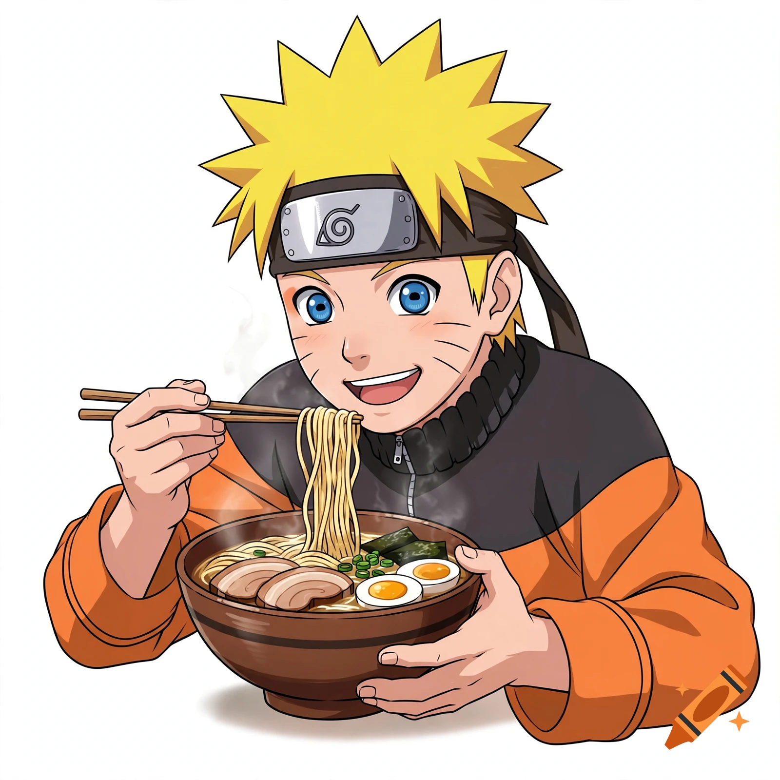 Anime illustration of Naruto Uzumaki eating ramen from a large bowl with chopsticks against a white background.