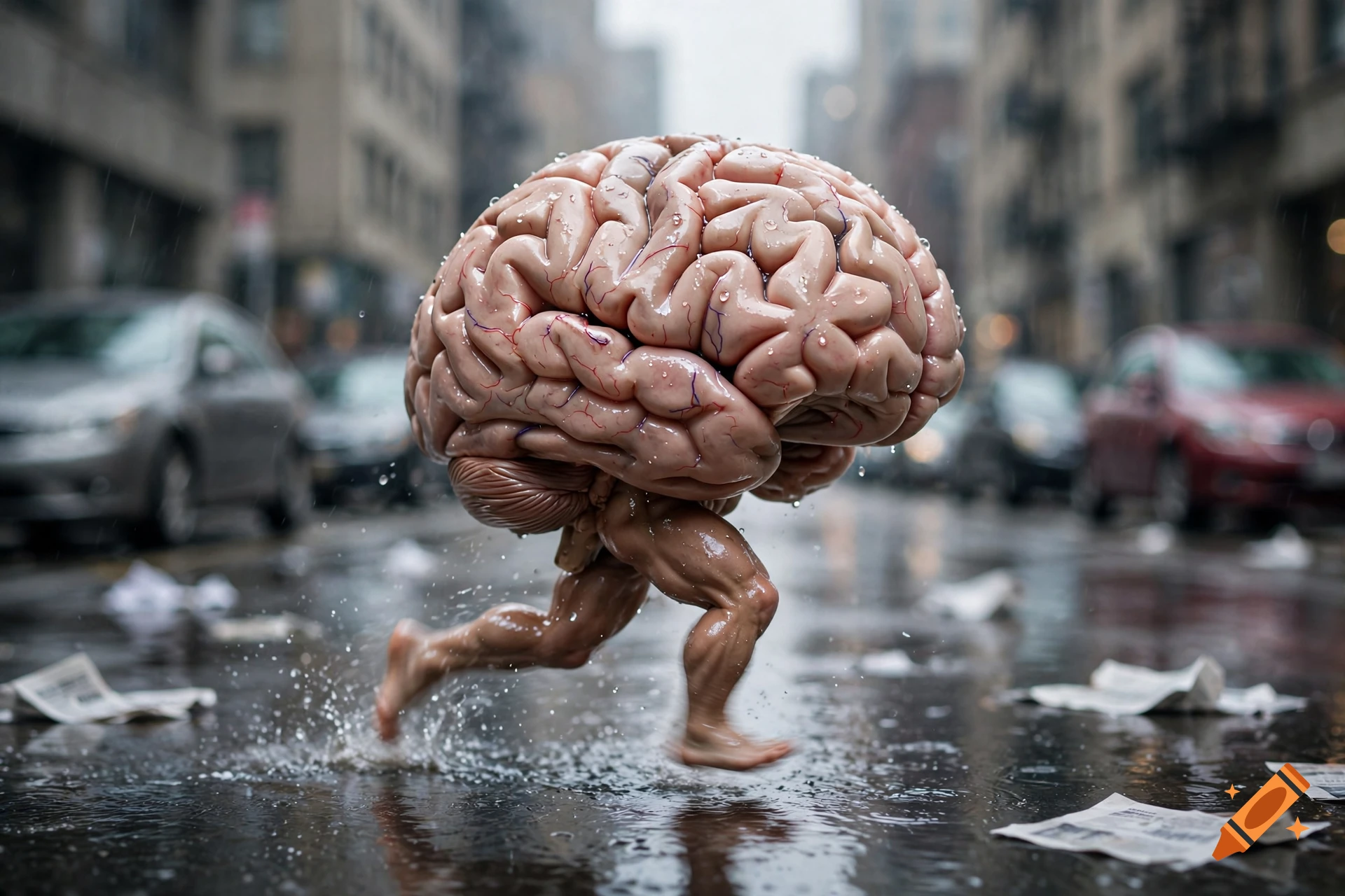 Photorealistic image of a human brain with muscular legs running through a rainy city street.