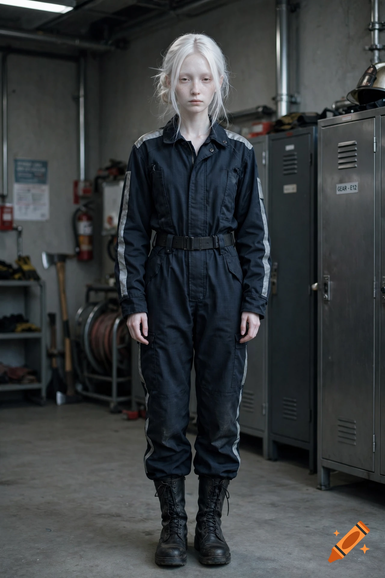 Photorealistic full-body portrait of a slender, pale-skinned young woman with white hair wearing a black jumpsuit and boots in an industrial workshop setting.