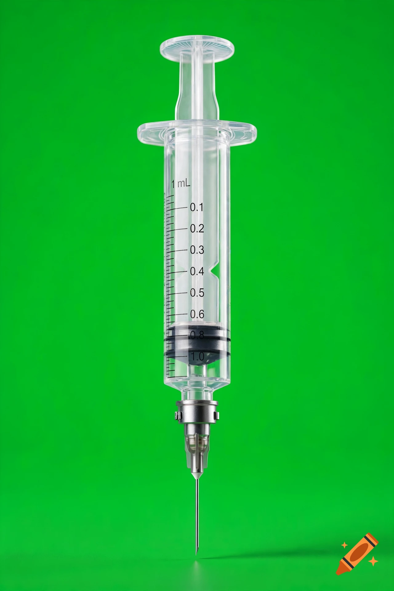 Photorealistic transparent medical syringe with measurements in milliliters against a green screen background.