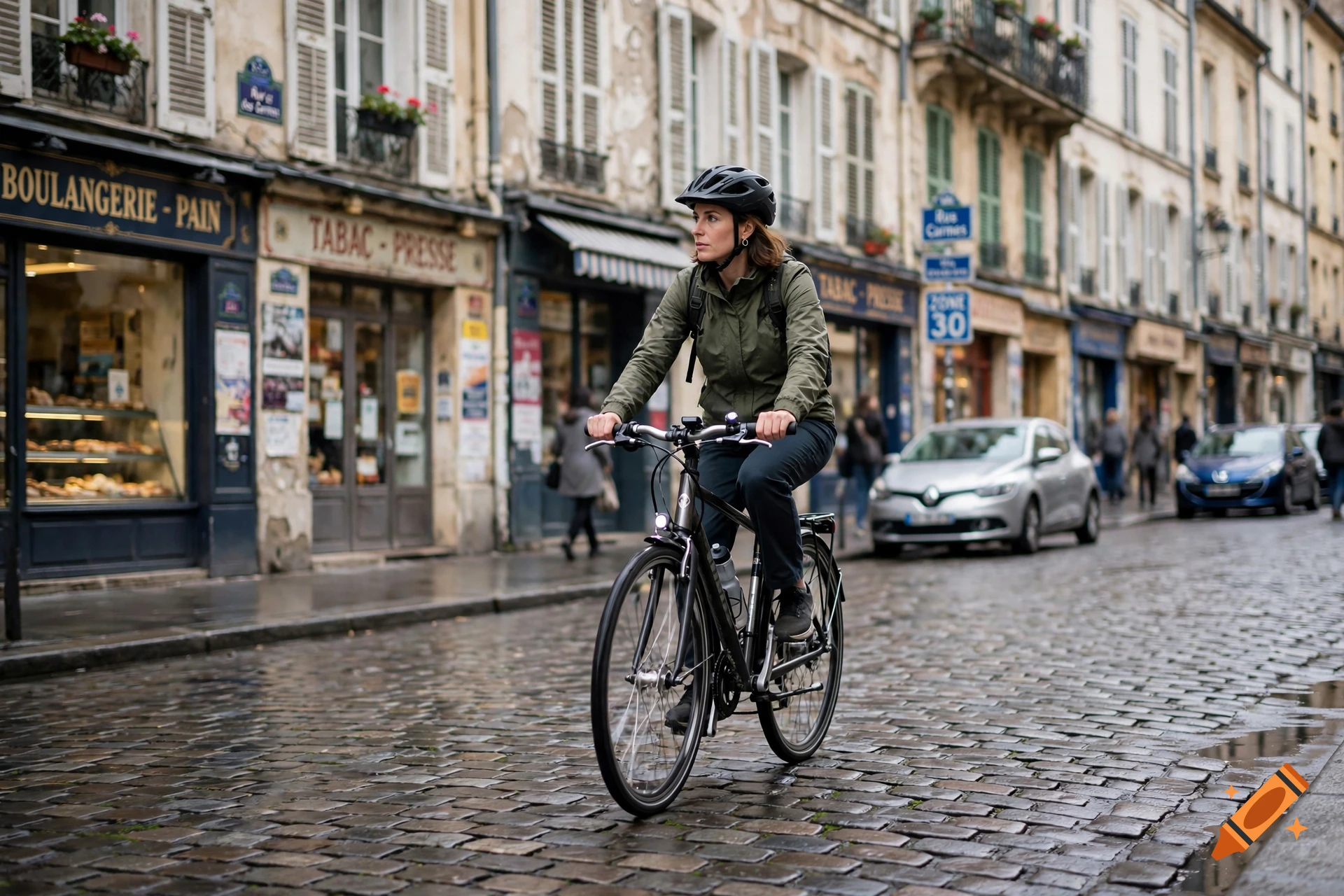 A woman wearing a helmet and green jacket rides a bicycle down a cobblestone street in a European city, photorealistic.