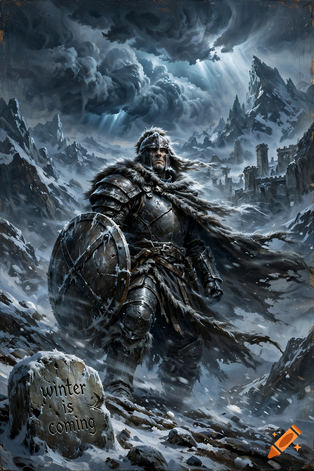 An armored fantasy warrior stands in a snowy mountain landscape beneath stormy skies, with a stone marker reading winter is coming.