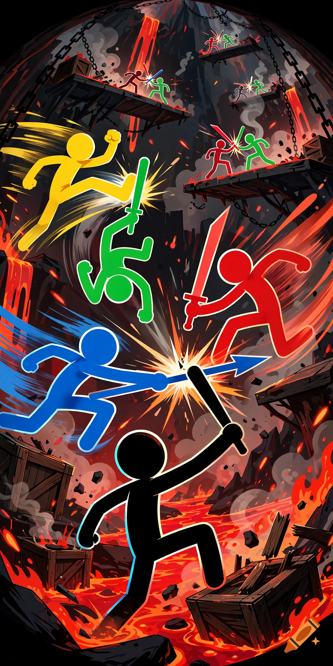 Dynamic vertical illustration of Stick Fight the game featuring colorful stick figures fighting on platforms over lava.