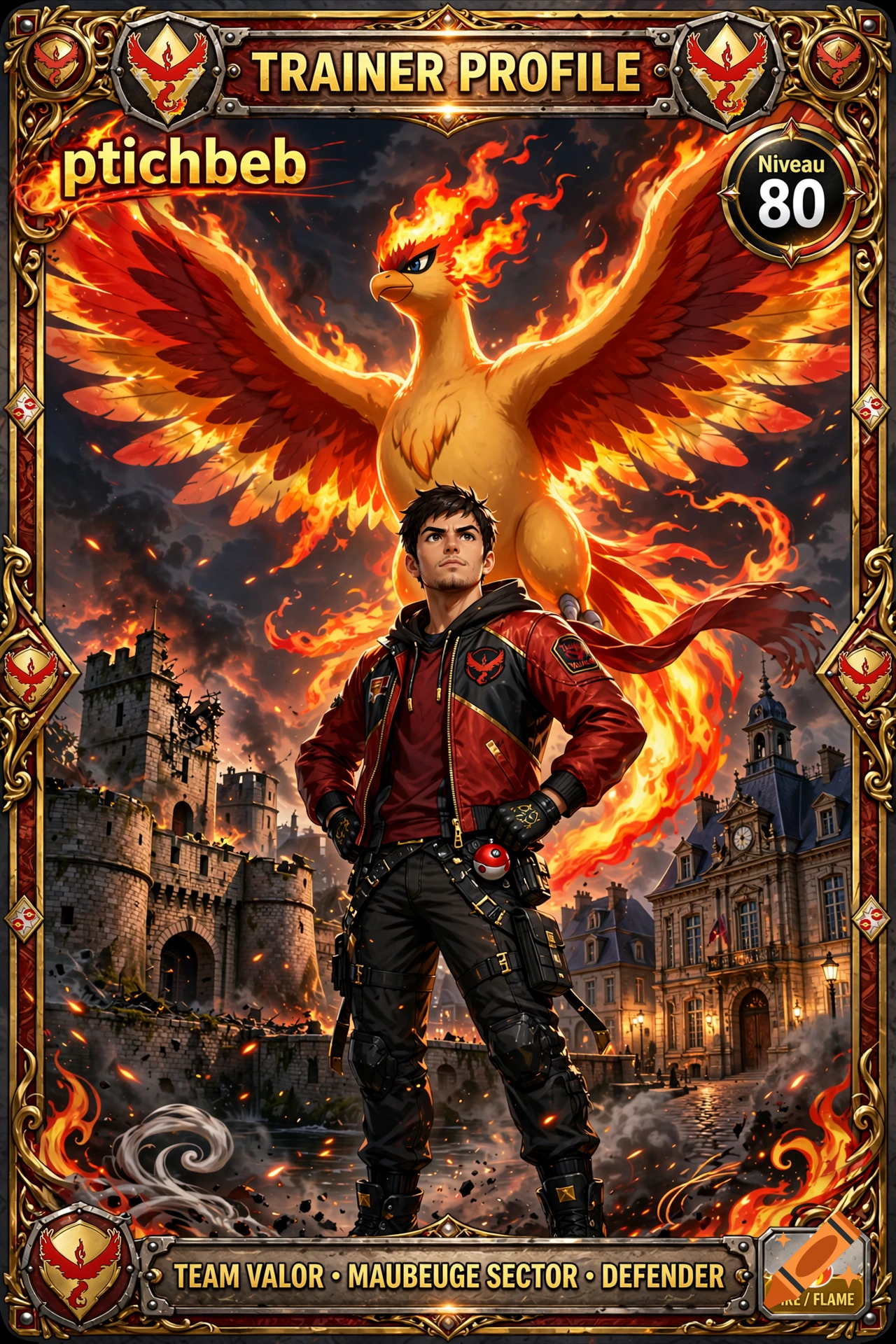 Custom Pokémon trainer card featuring a male trainer in Team Valor gear, a Moltres, and Maubeuge in the background.