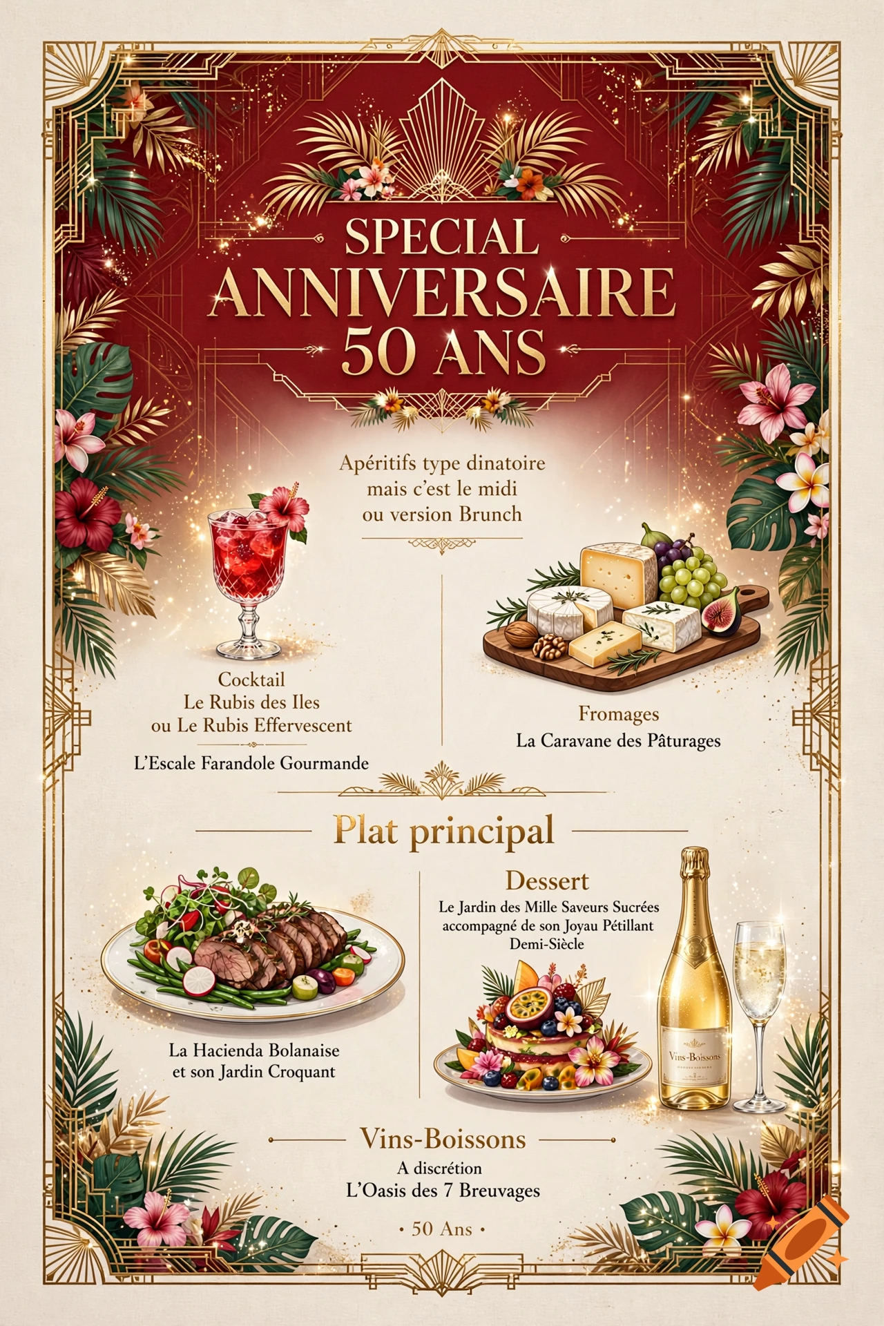 An ornate art deco style 50th birthday menu poster featuring food, drinks, and elegant gold and red framing.