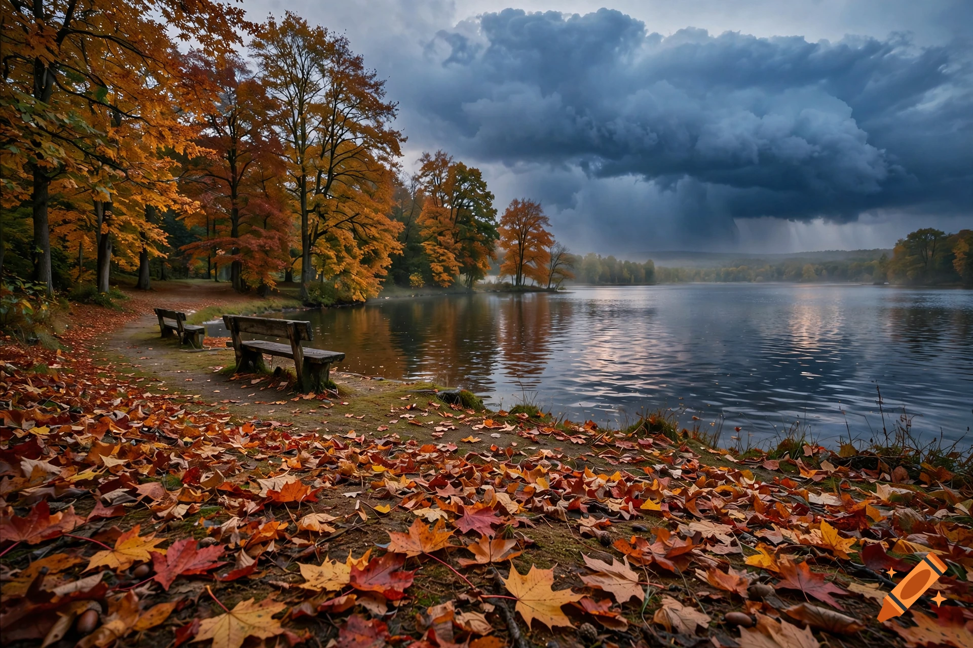 Photorealistic autumn landscape with a lake, scattered colorful leaves on the ground, wooden benches, and dark storm clouds above.