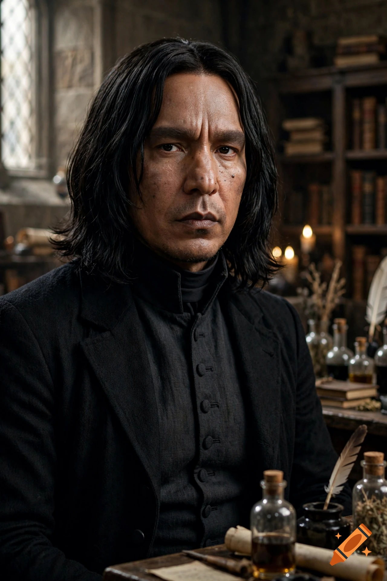 Photorealistic portrait of a Black-Asian man with dark hair in a dark cloak inside a magical room with books and potions.