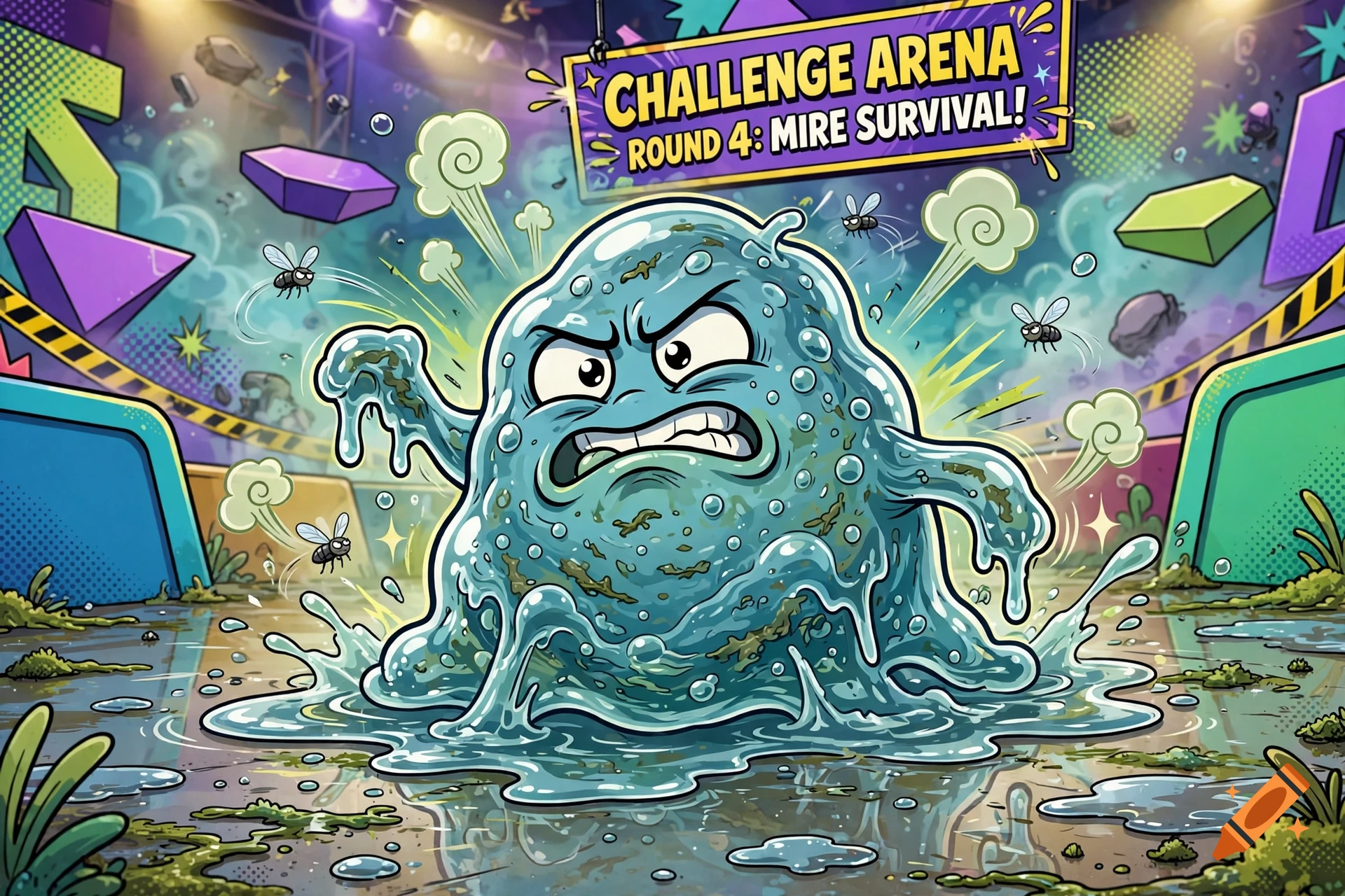 Animated cartoon of an angry blue slime character splashing in mud with flies buzzing around, under a Challenge Arena sign.