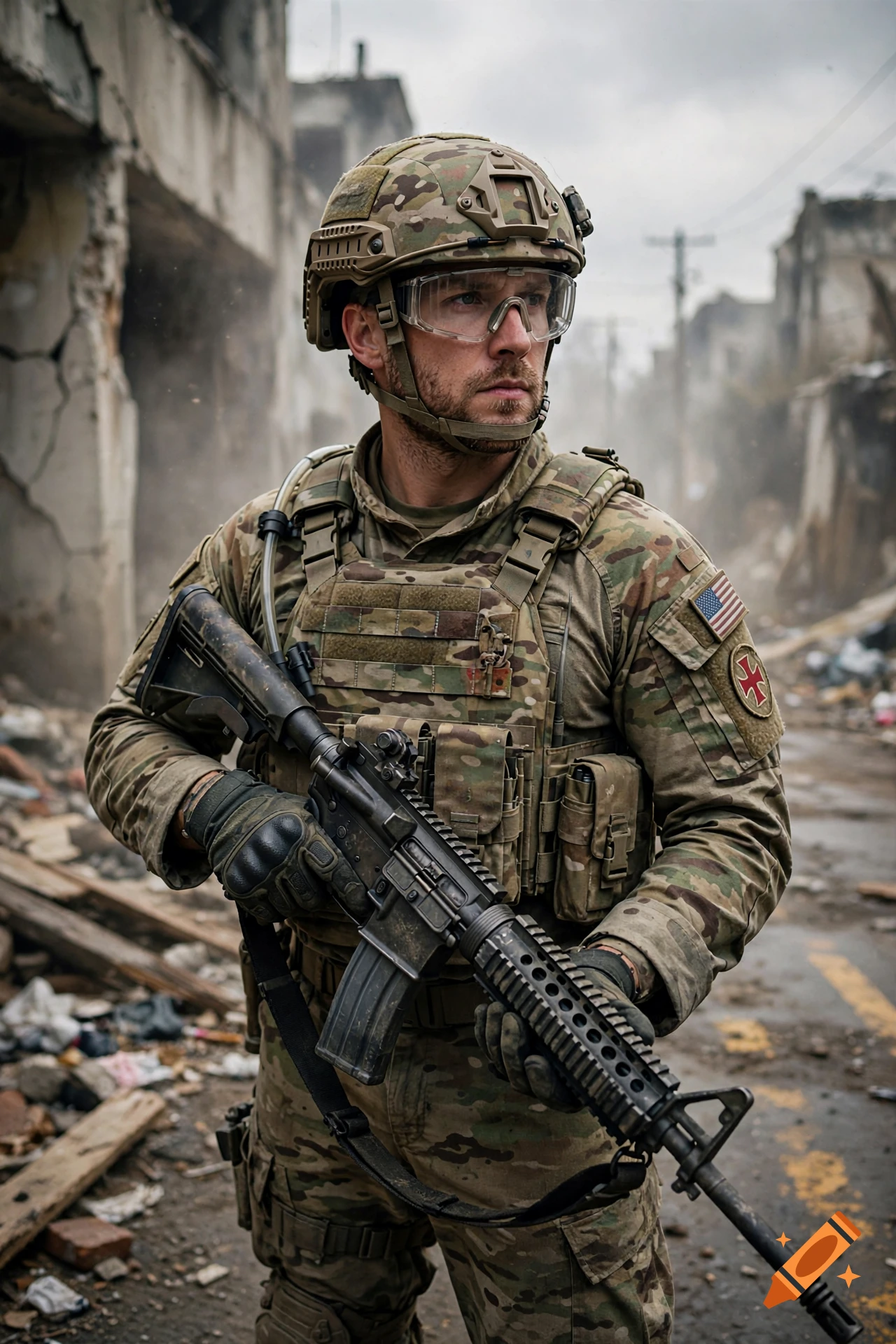 Photorealistic image of a modern American soldier wearing camouflage and tactical gear, holding an assault rifle in a ruined urban environment.