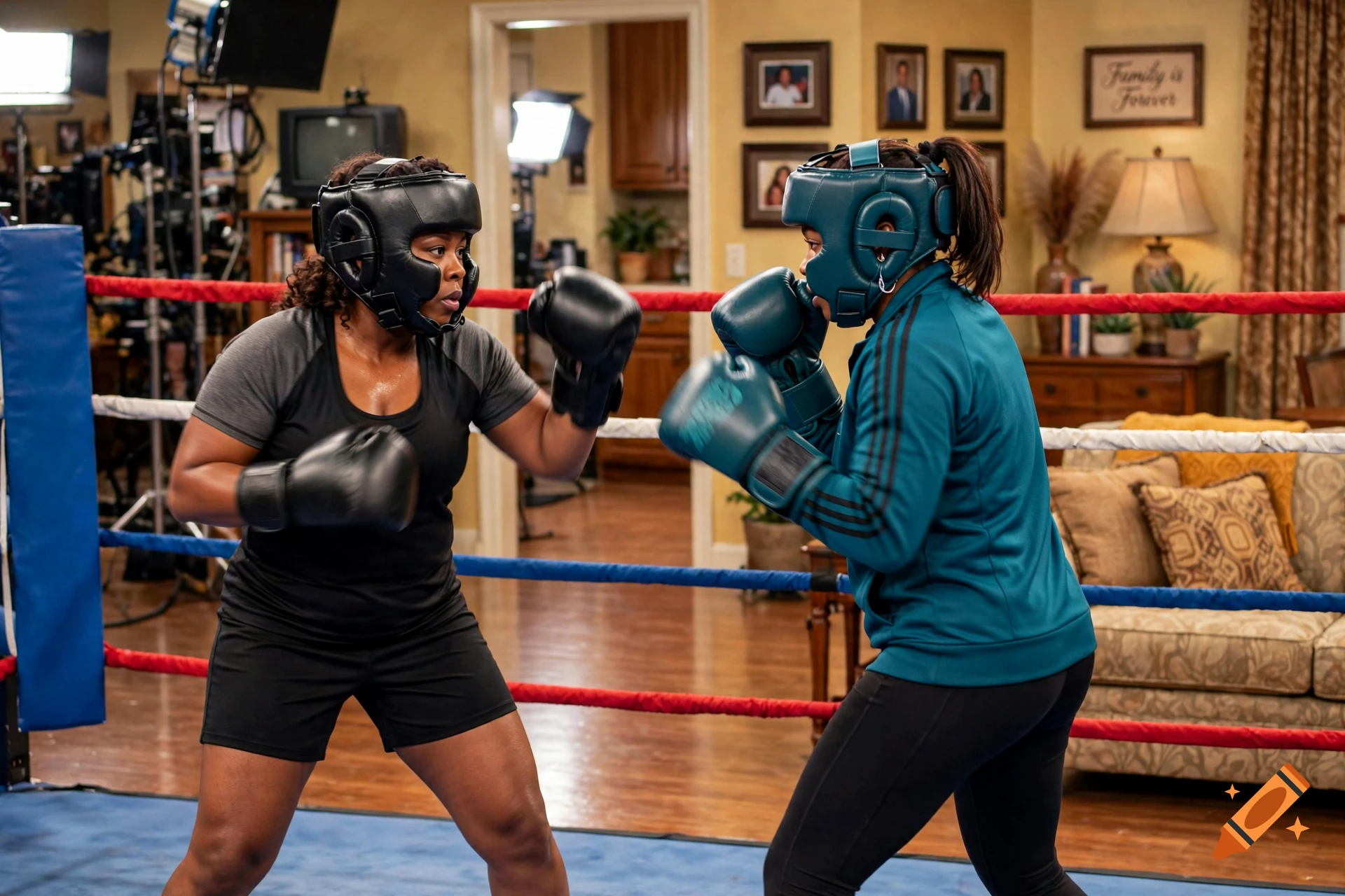 Two women wearing boxing gear and headguards sparring in a living room boxing ring.