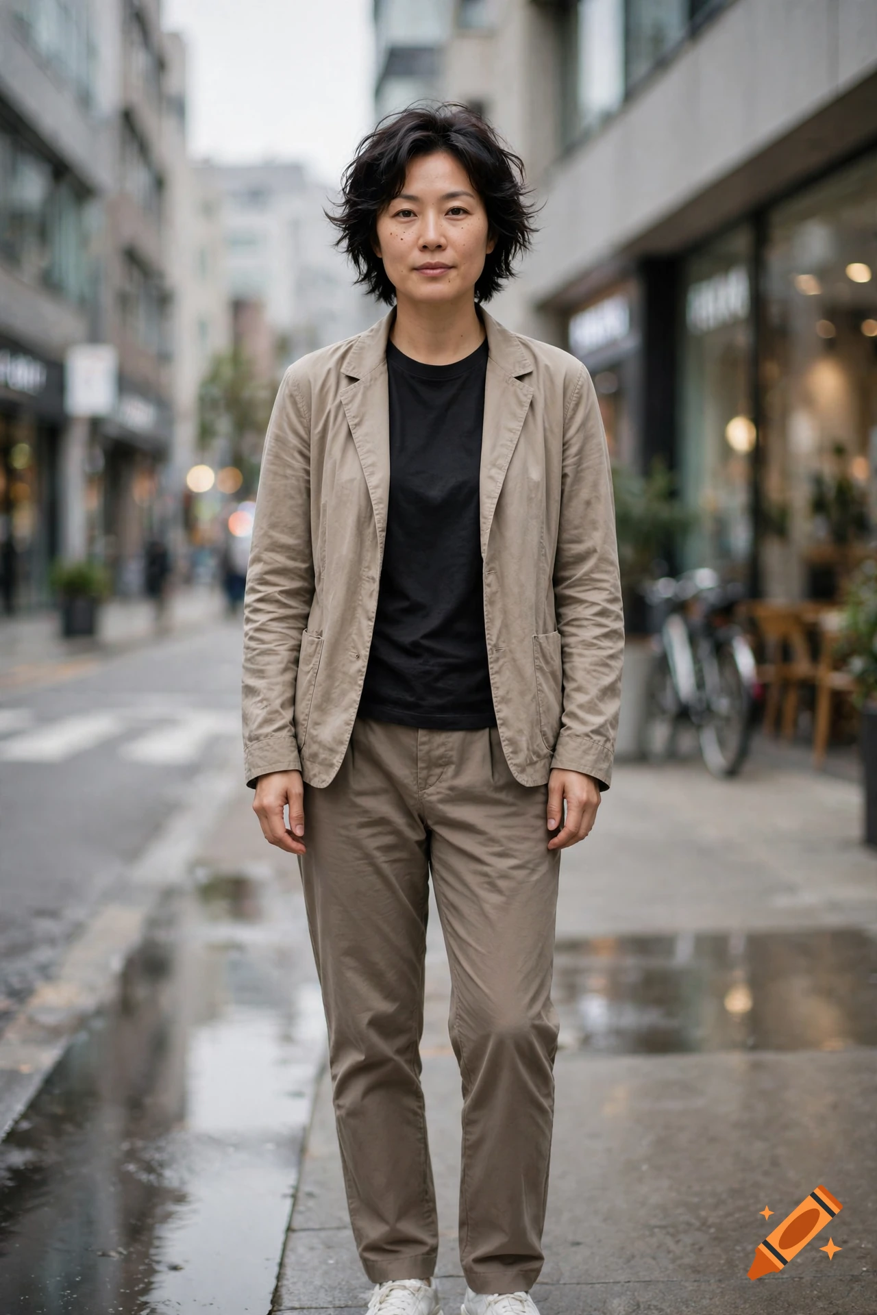 Full-length photorealistic portrait of an Asian woman with short dark hair, wearing a beige blazer over a black t-shirt and trousers on a city street.