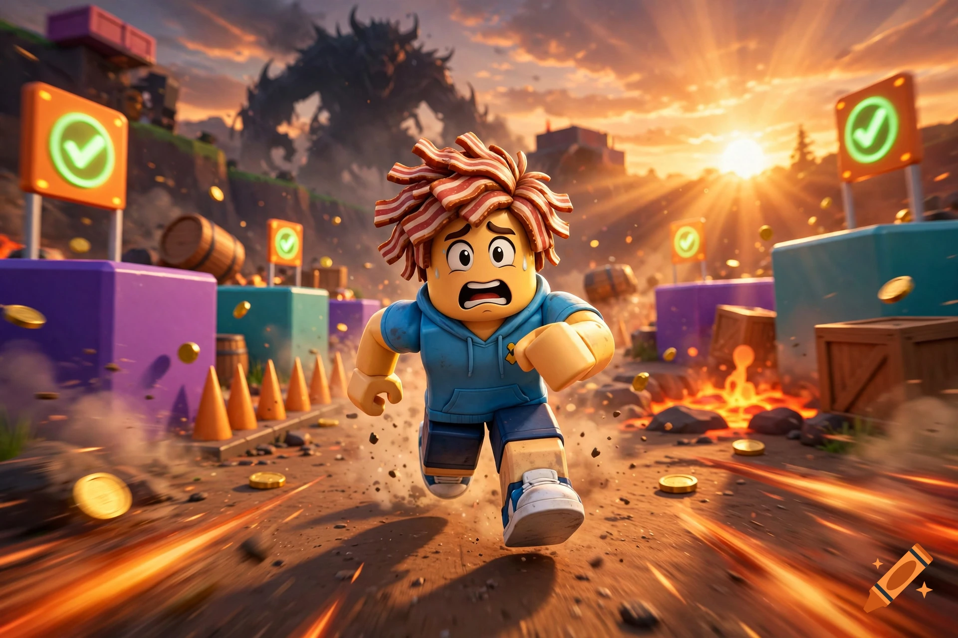 Scared Roblox character with bacon hair running away from a dark monster in a chaotic landscape with checkmark signs.