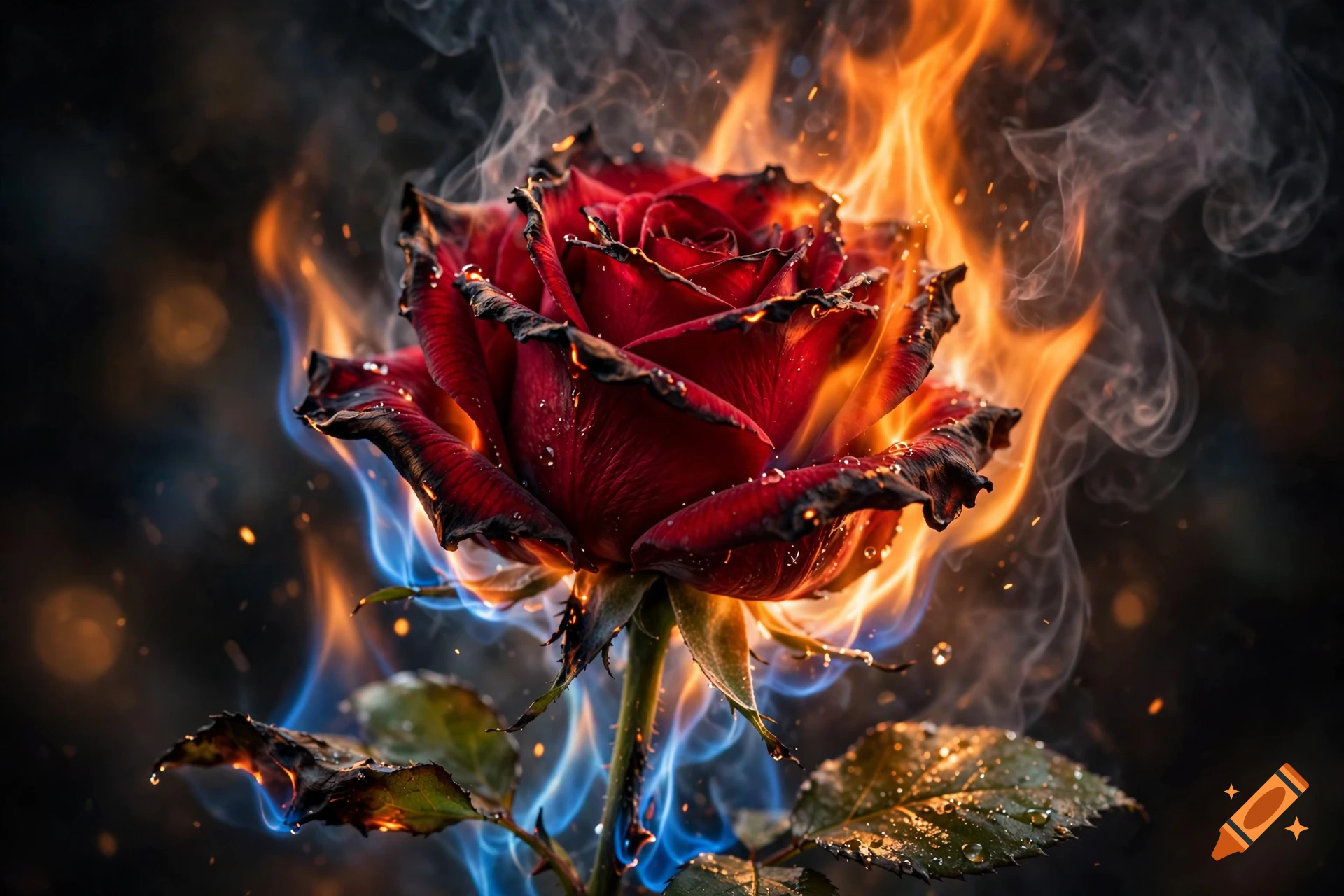 Close-up of a vibrant red rose engulfed in realistic flames and smoke with glowing embers.