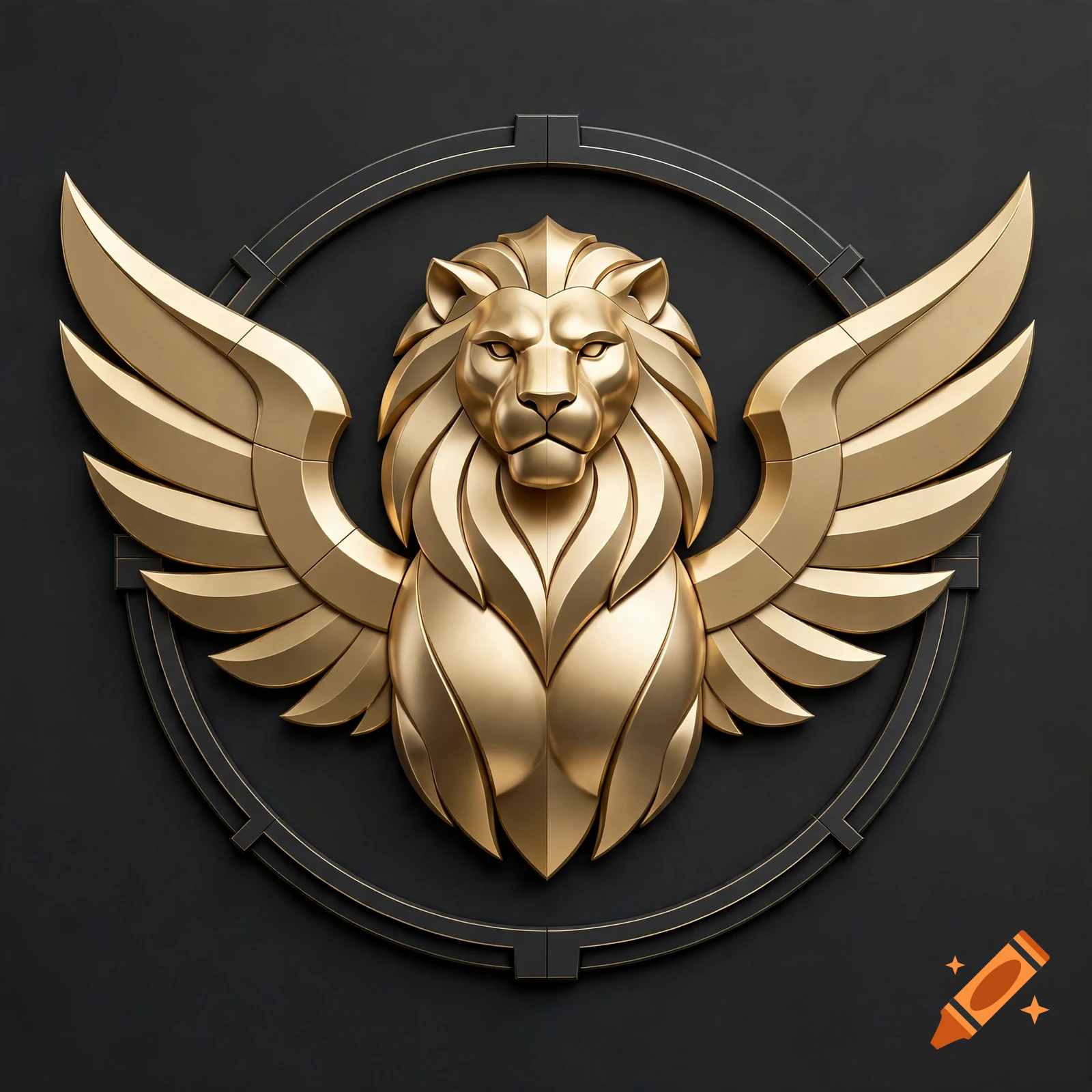 A stylized 3D emblem of a golden winged lion against a dark background.