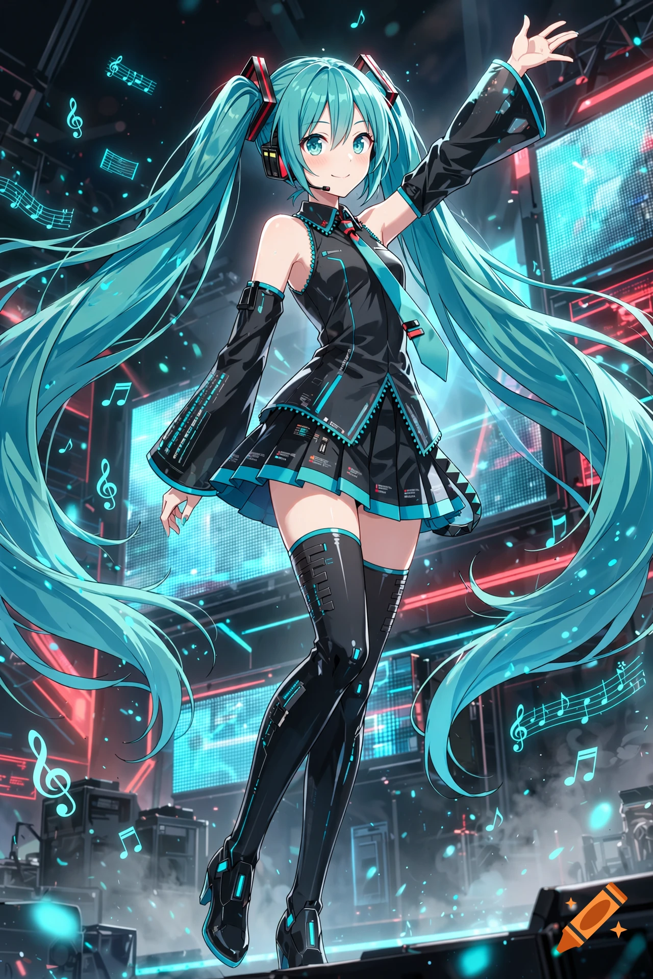 Anime illustration of Hatsune Miku in a futuristic concert setting with teal twintails, waving, wearing a black and cyan outfit.