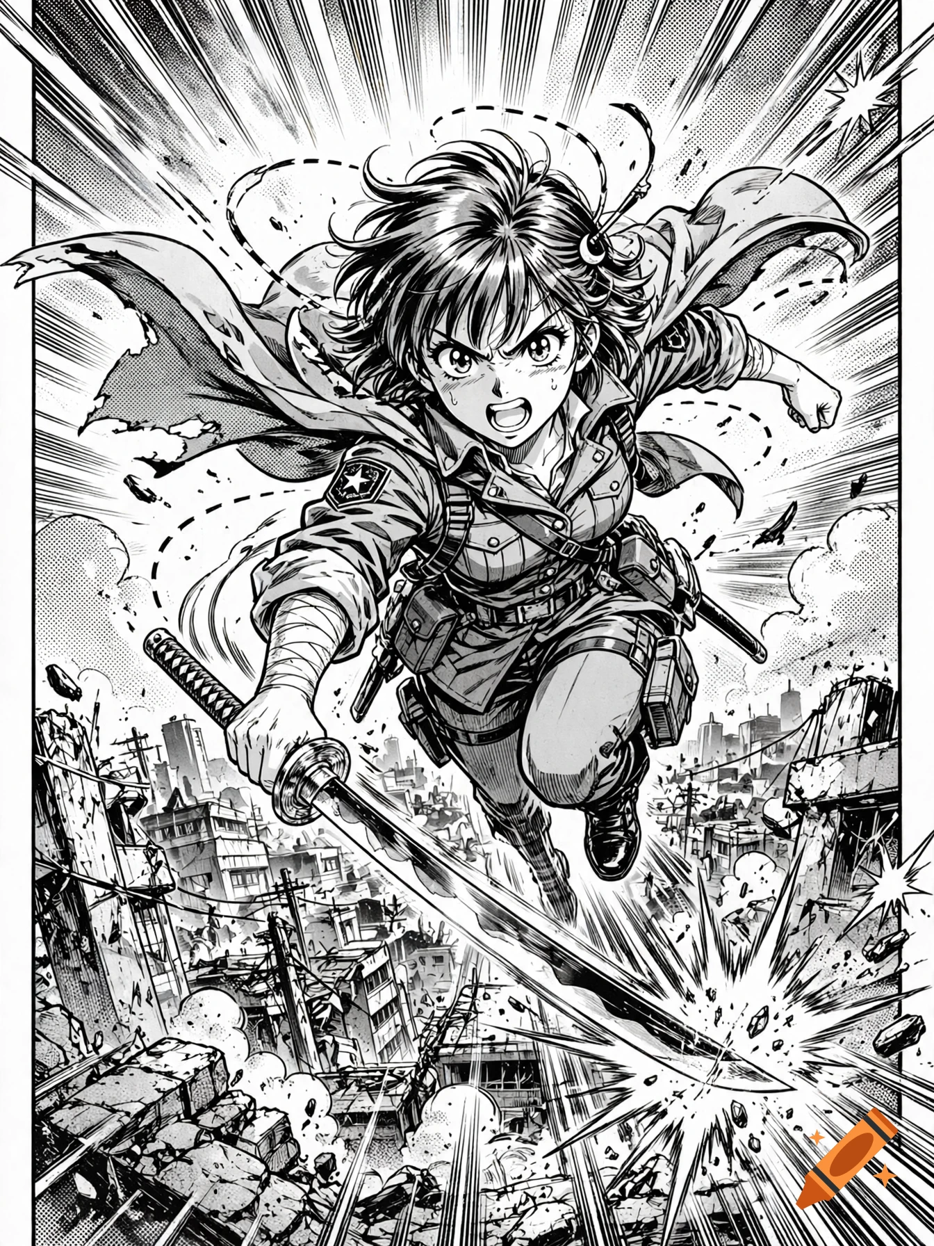 Black and white manga illustration of an action heroine wielding a katana amid destruction, in a dynamic pose.