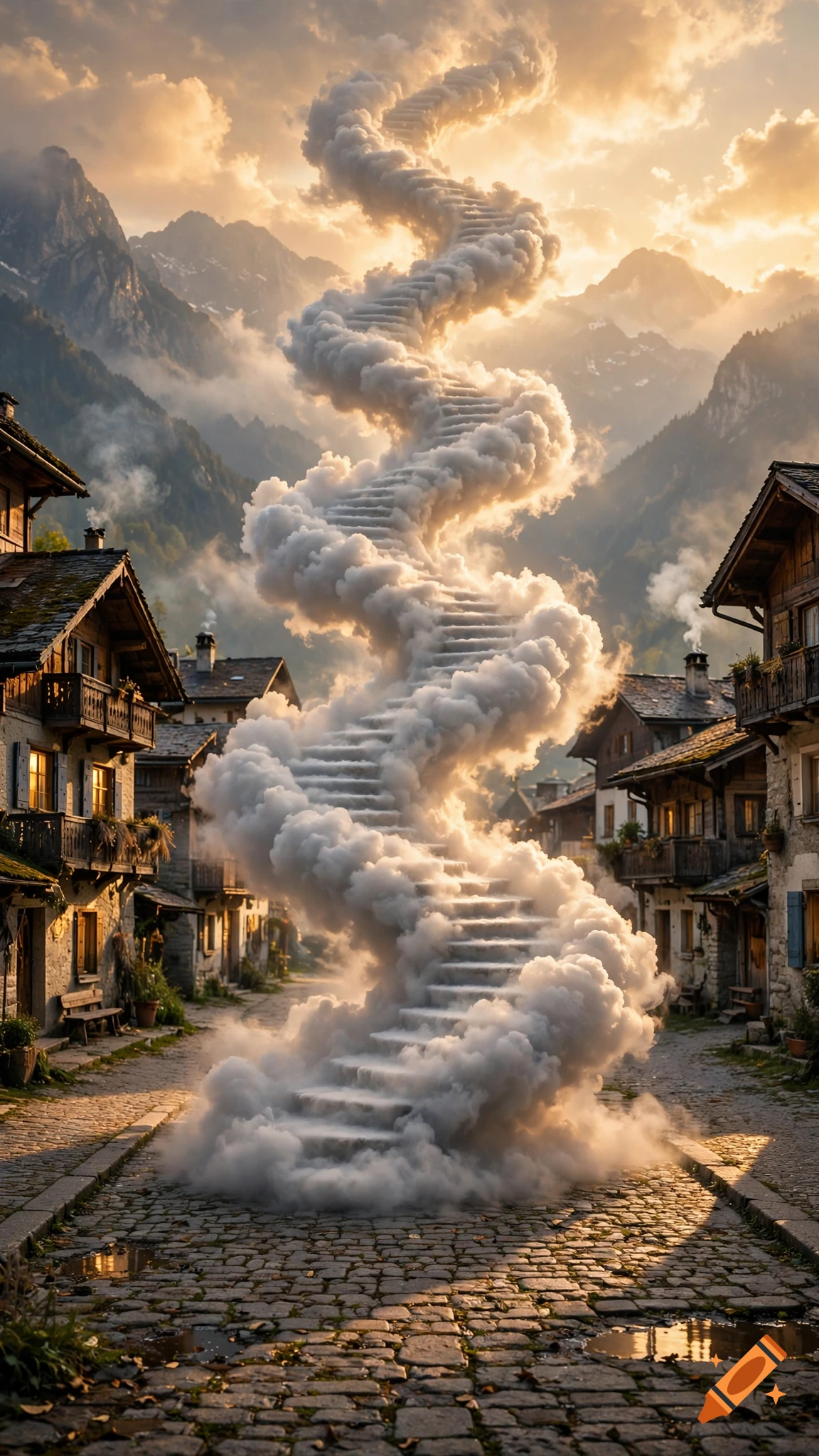 A hyperrealistic photo of a staircase made of clouds spiraling up from a cobblestone mountain village street during golden hour.