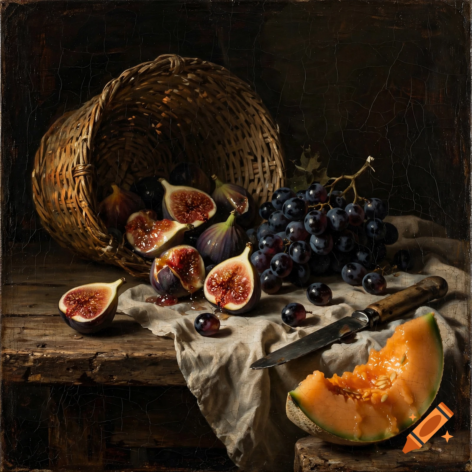 Classic still life oil painting of a spilled woven basket, figs, grapes, a knife, and a melon slice on a wooden table.