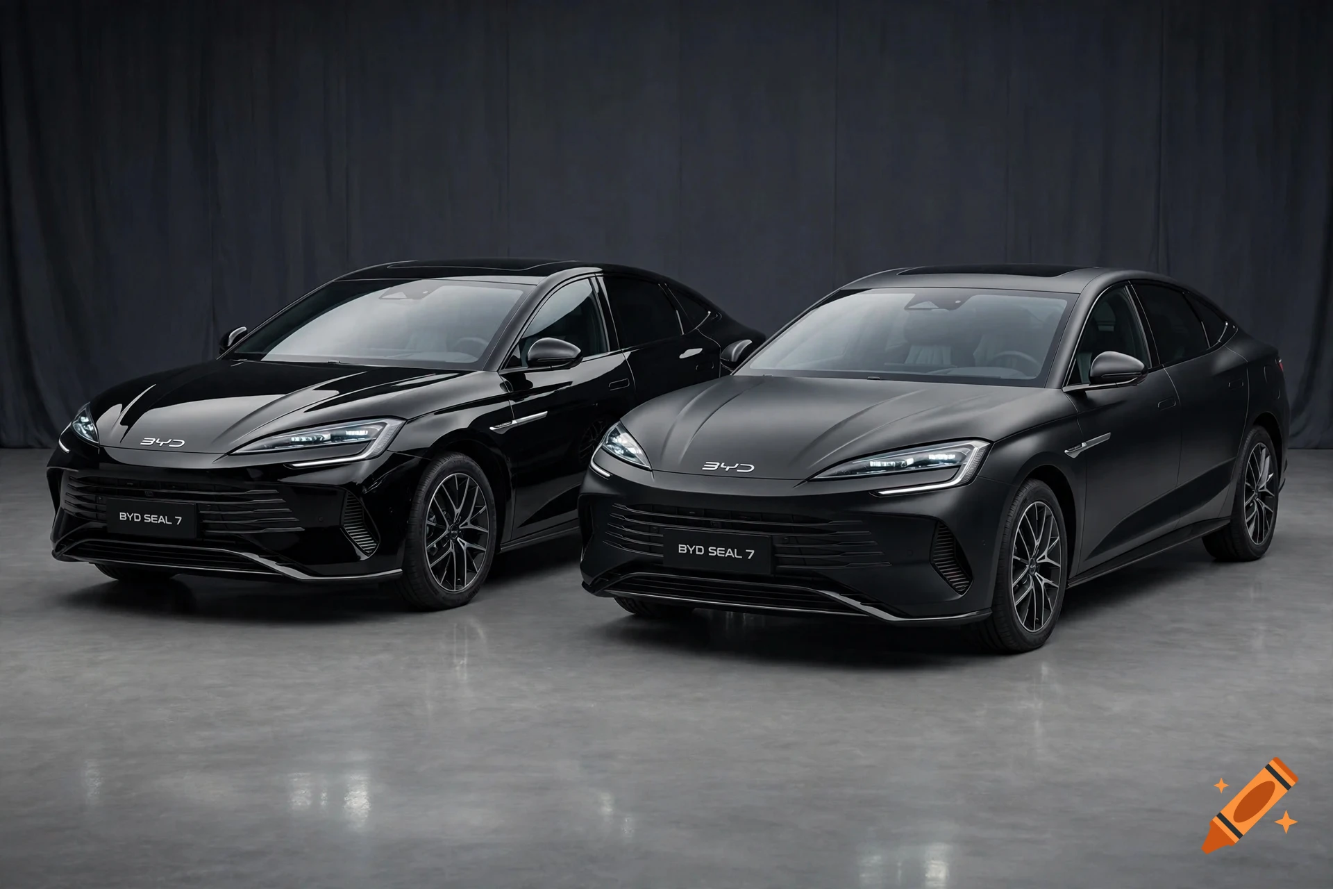 Photorealistic studio shot of two BYD Seal 7 sedans, one in glossy black and one in matte black.