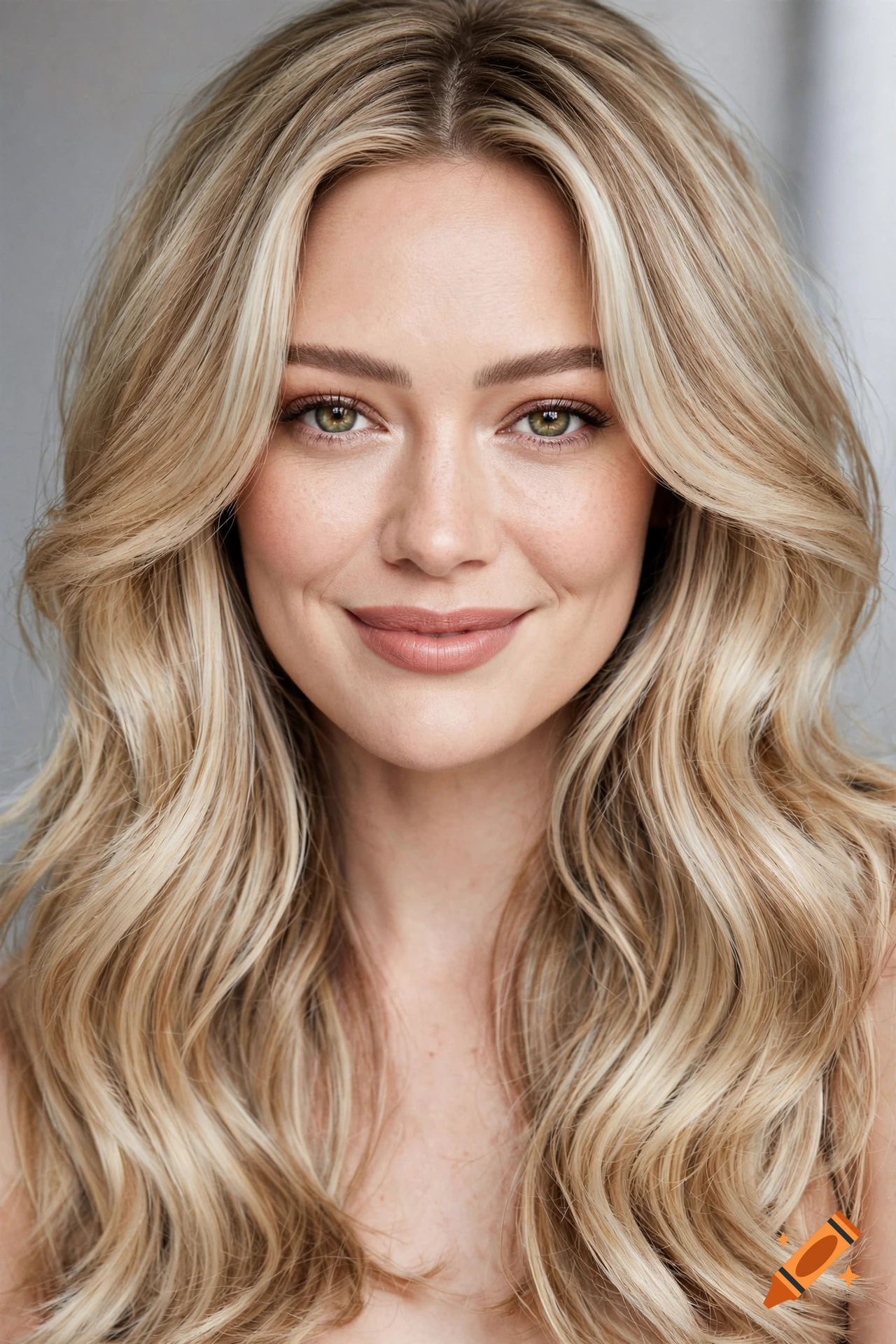 Photorealistic studio portrait of a woman with long blonde hair, green eyes, and a soft smile.