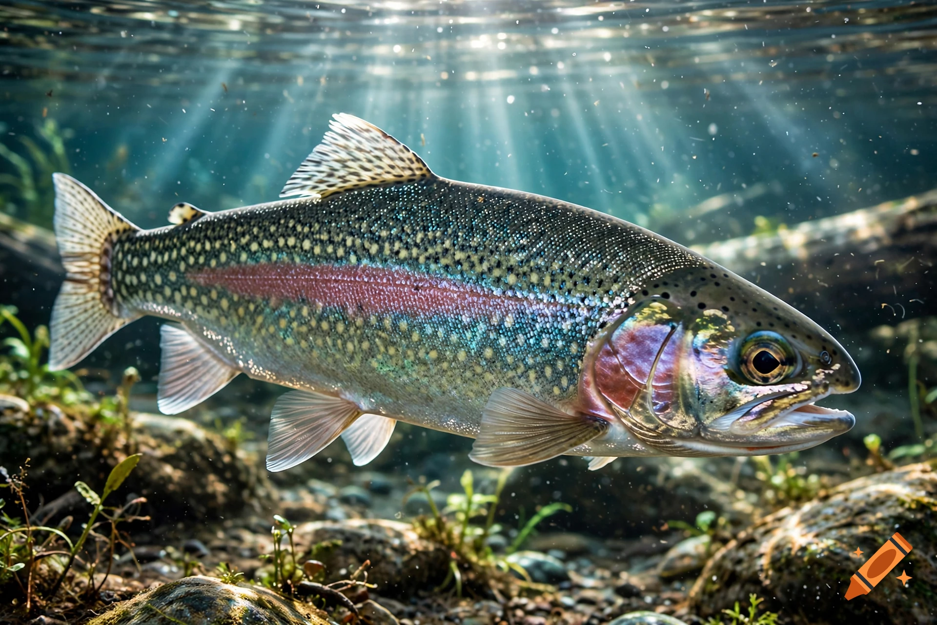 Photorealistic underwater view of a rainbow trout swimming in a clear stream with sunlight filtering through the water.