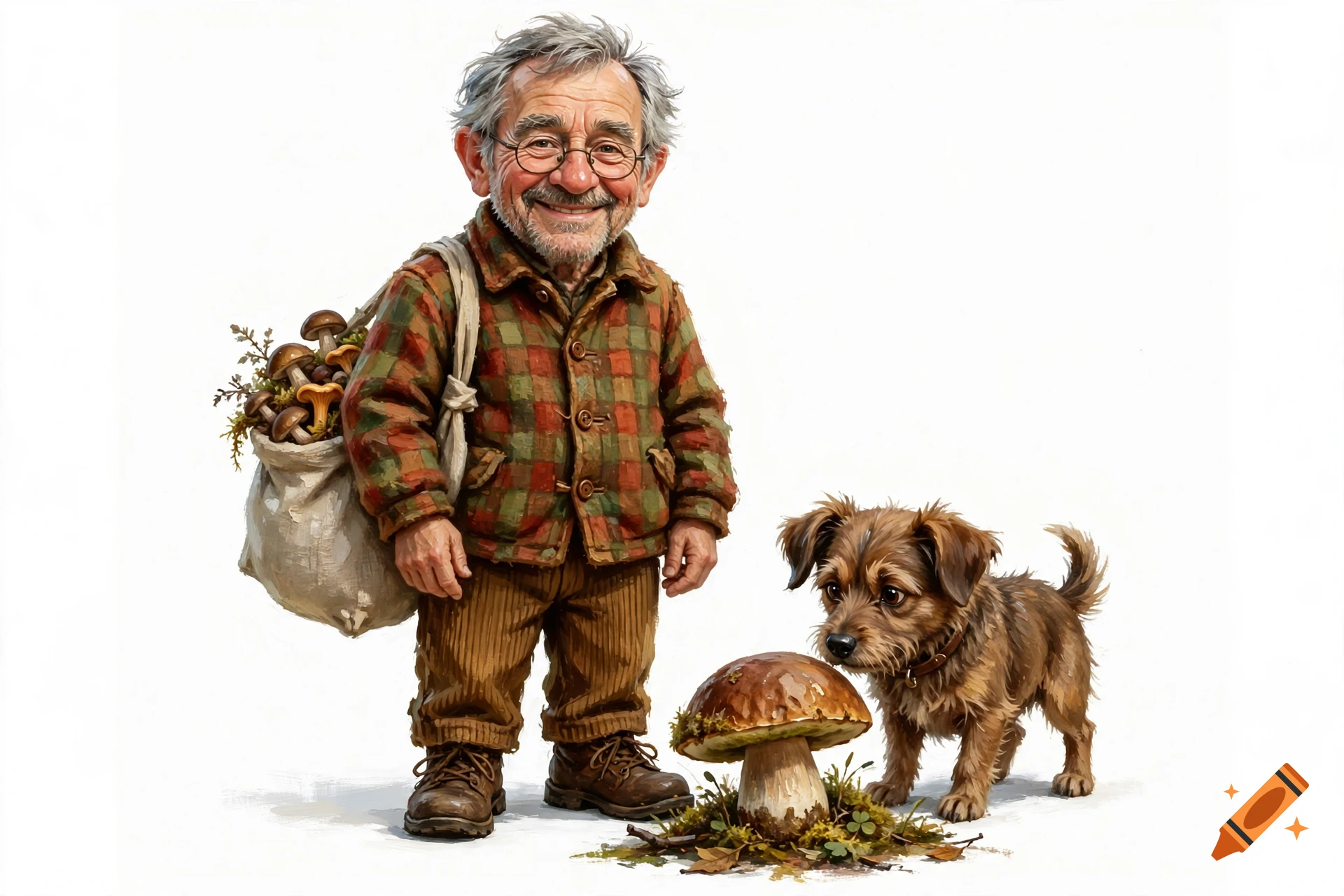 Digital oil painting of a smiling older man in a checkered flannel jacket carrying a sack of mushrooms, standing with a small brown dog looking at a large mushroom on a white background.