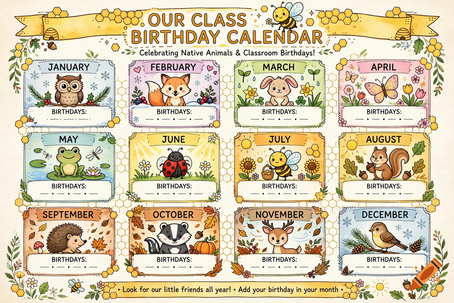 An illustrated classroom birthday calendar for elementary school featuring native animals for each month in a cute watercolor style.