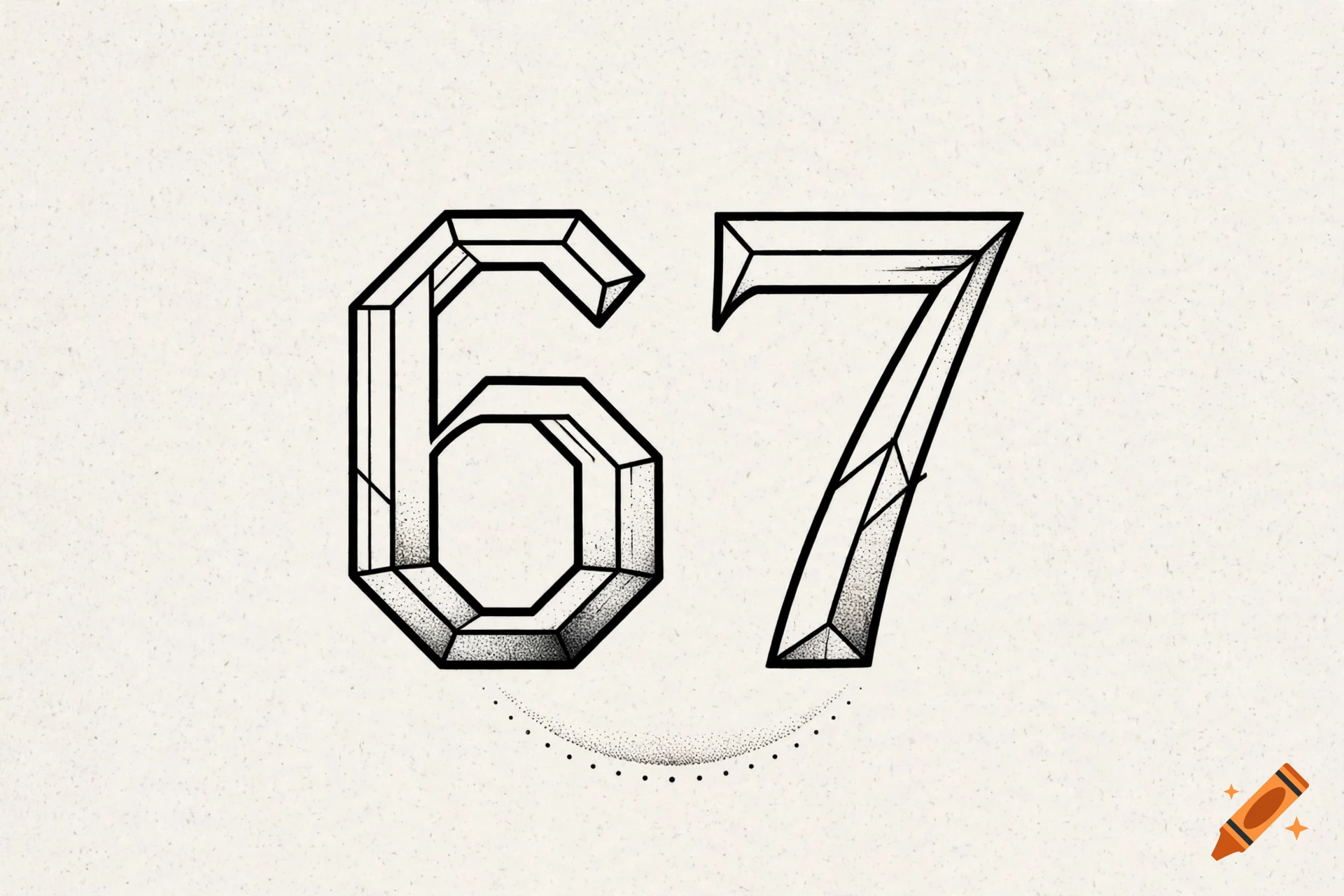 Black and white stippling tattoo style illustration of the number 67 with faceted 3D effect.