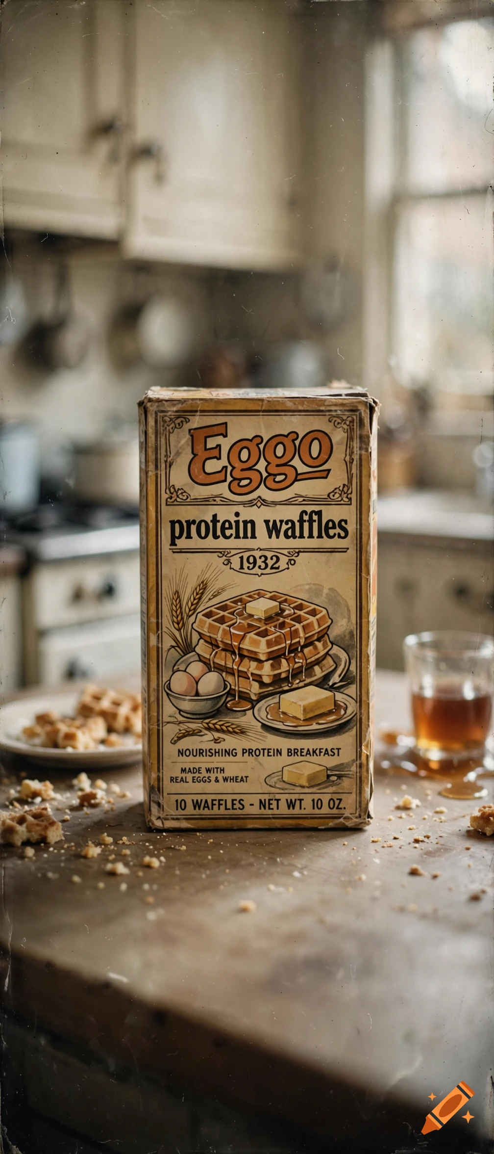 Vintage Eggo protein waffles box on a rustic wooden kitchen table.