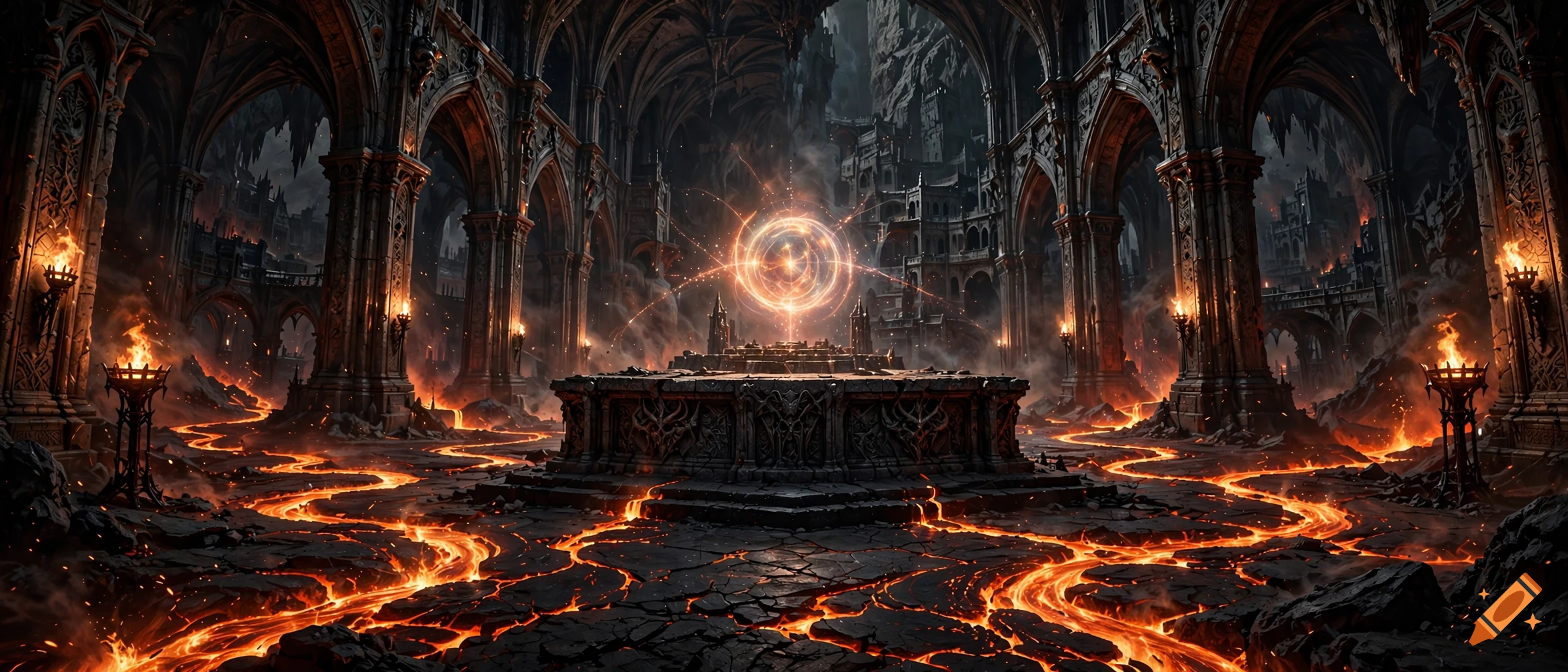 Gothic subterranean hall with glowing lava streams flowing around a stone altar and a floating magical orb.
