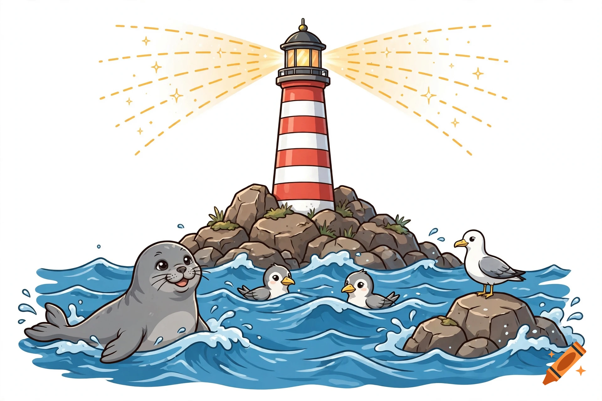 A cartoon illustration of a red and white striped lighthouse on a rocky outcrop surrounded by blue ocean waves, with a seal and seagulls.