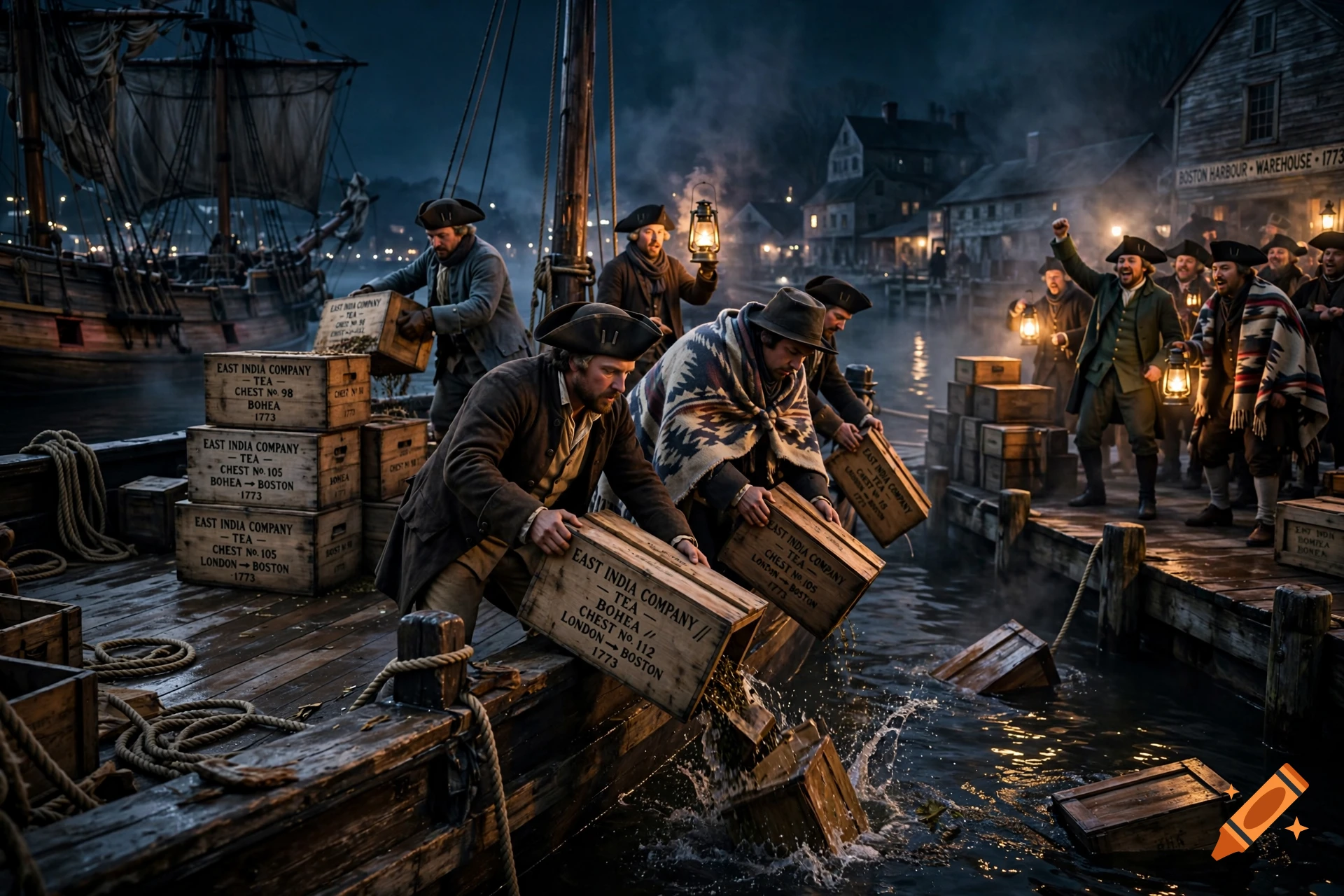Cinematic historical depiction of colonists dumping chests of tea into the harbor during the Boston Tea Party at night.